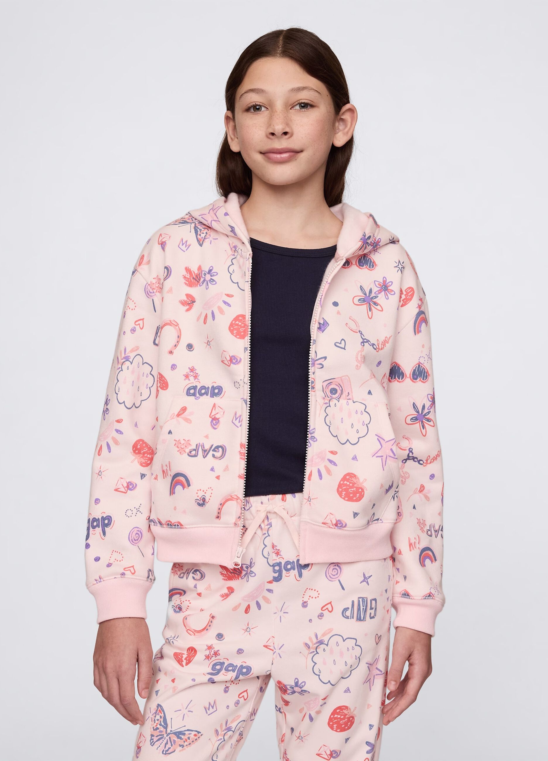 Full-zip rosa con cappuccio e stampa all-over
