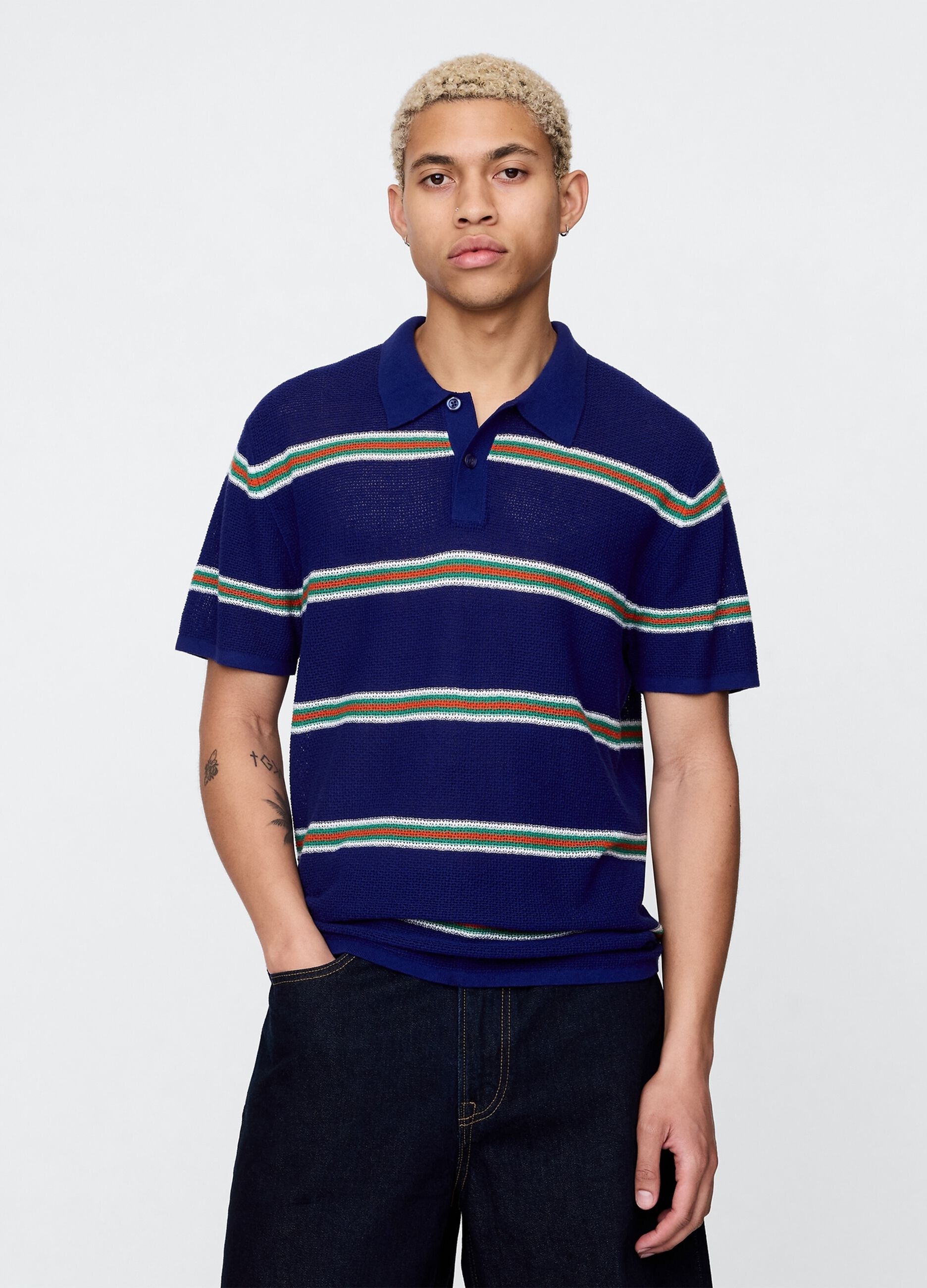 Polo a righe blu in misto cotone