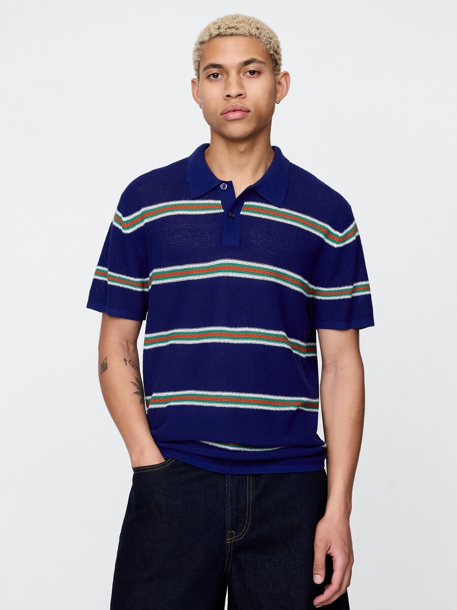 Polo a righe blu in misto cotone Uomo_0