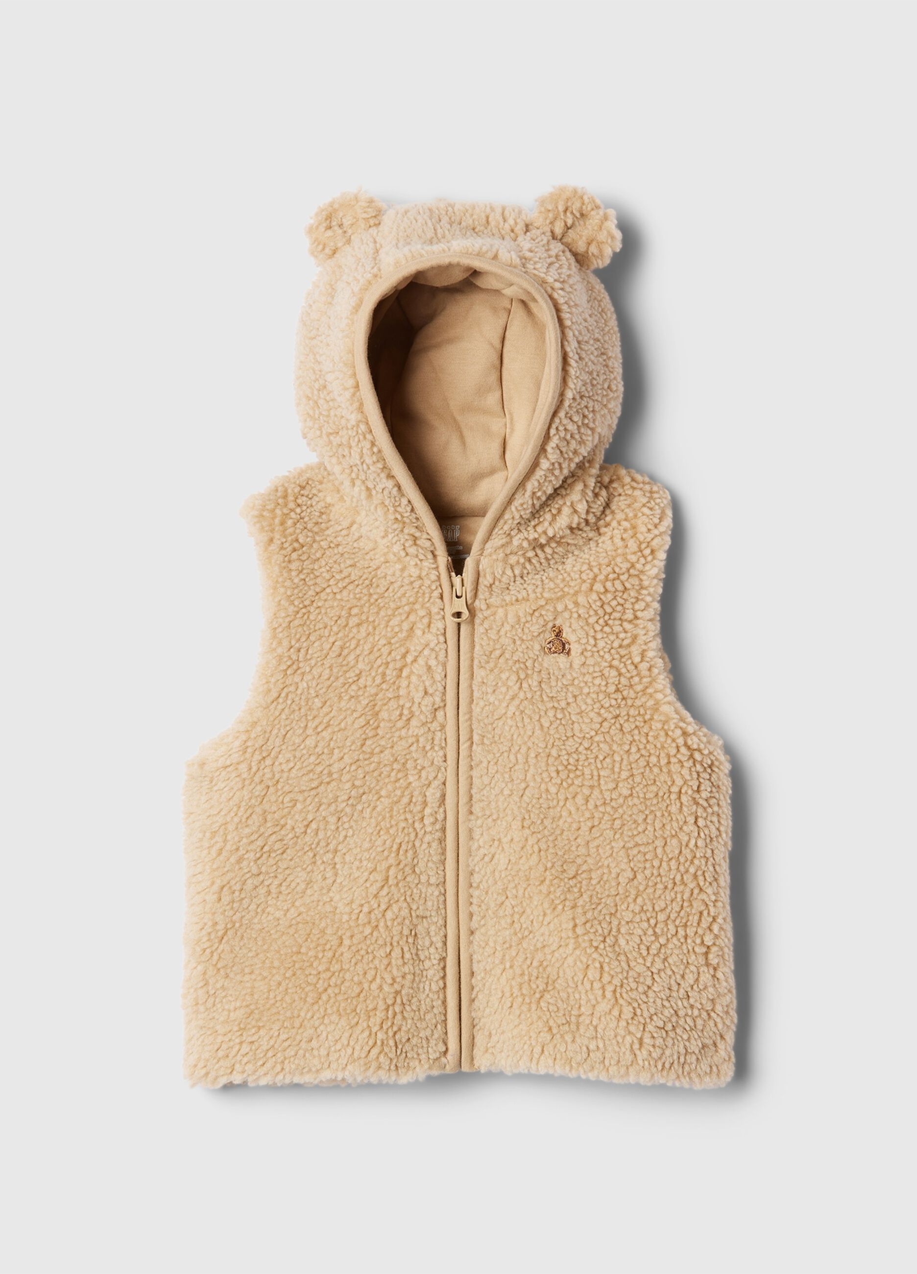Gilet in sherpa con cappuccio e ricamo orsetto