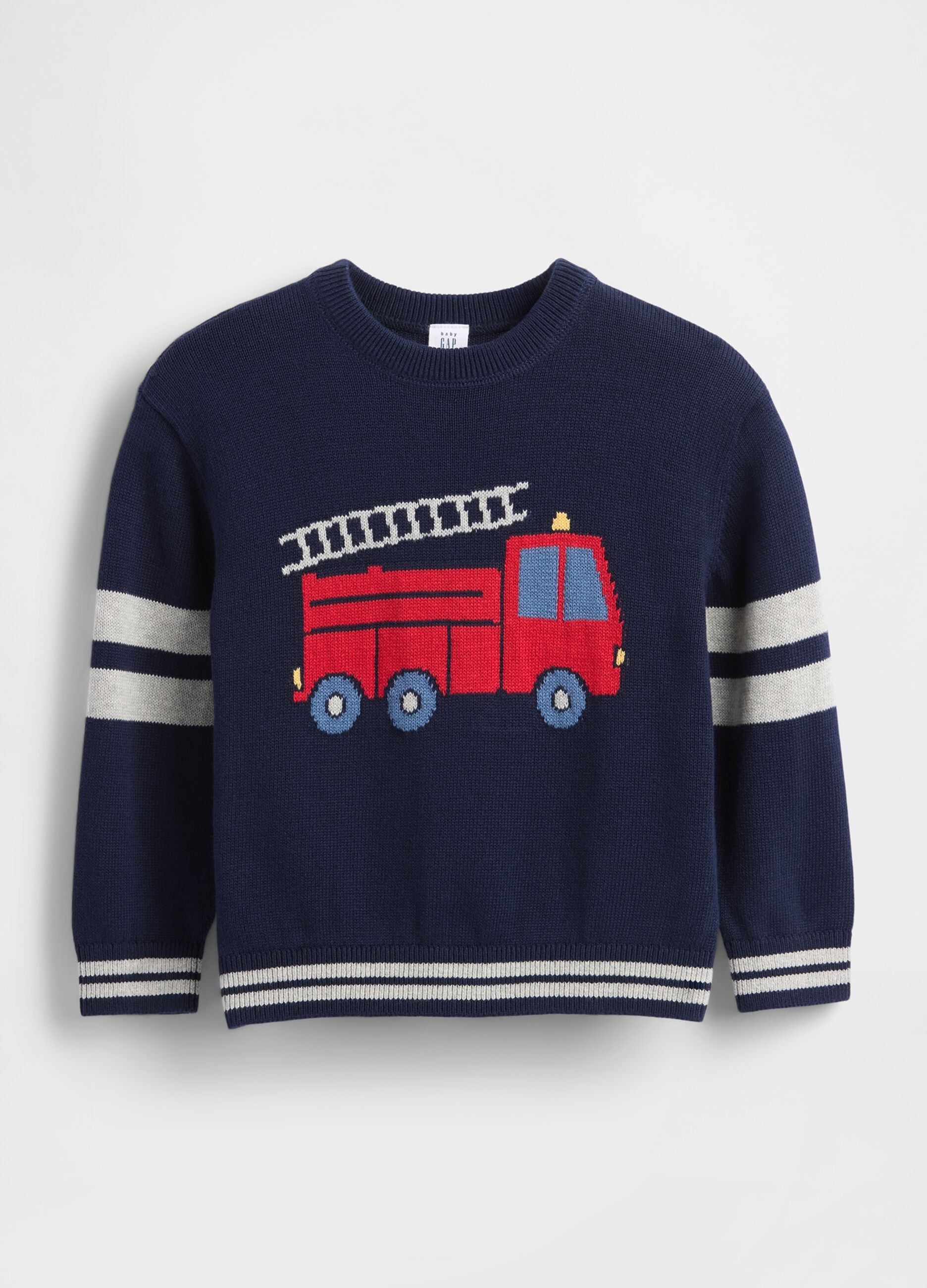 Maglione blu per bambino con camion dei pompieri