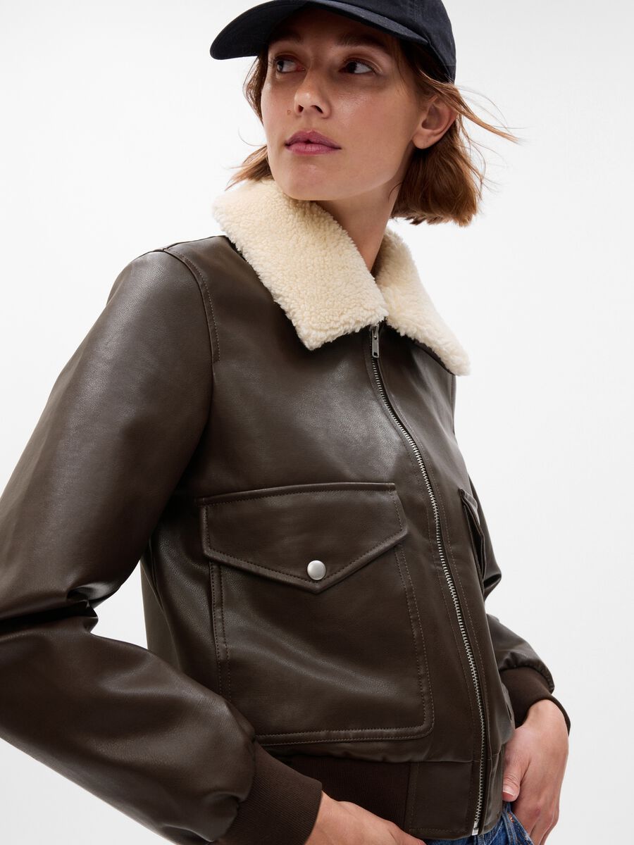 Glossy-effect bomber jacket with sherpa collar Woman_2