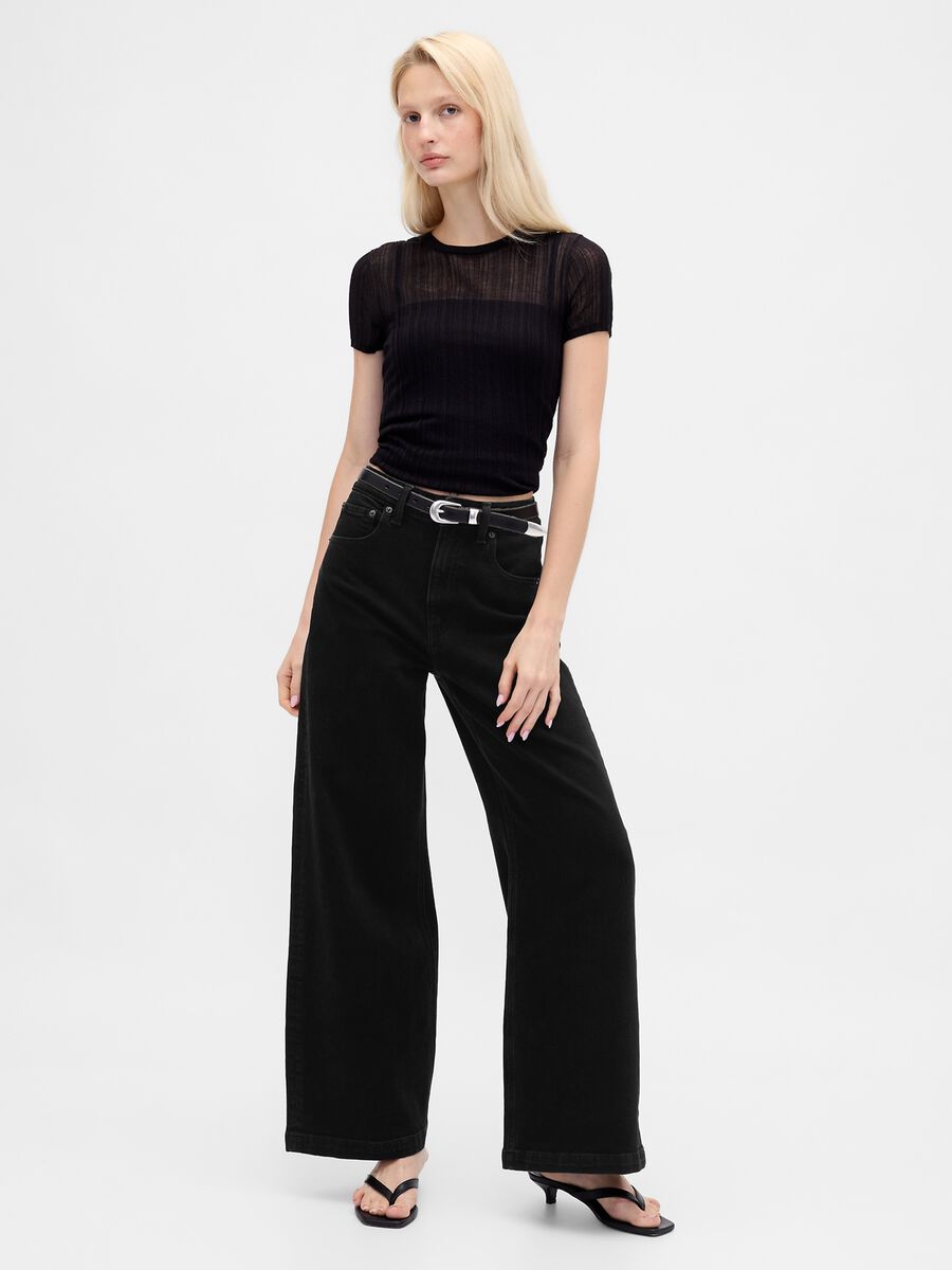 Pantaloni neri wide leg in cotone elasticizzato Donna_0