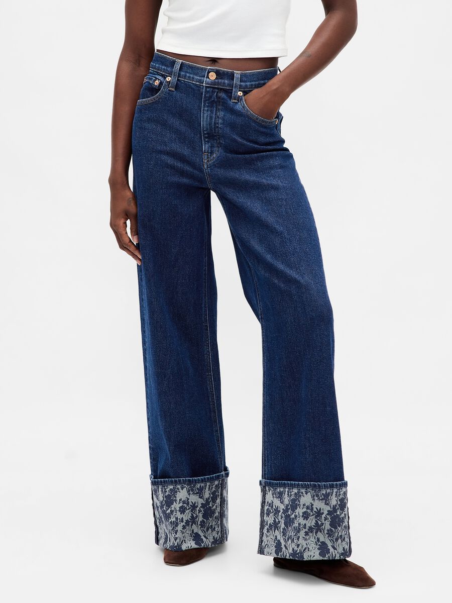 Wide denim trousers with floral turn-up Woman_1