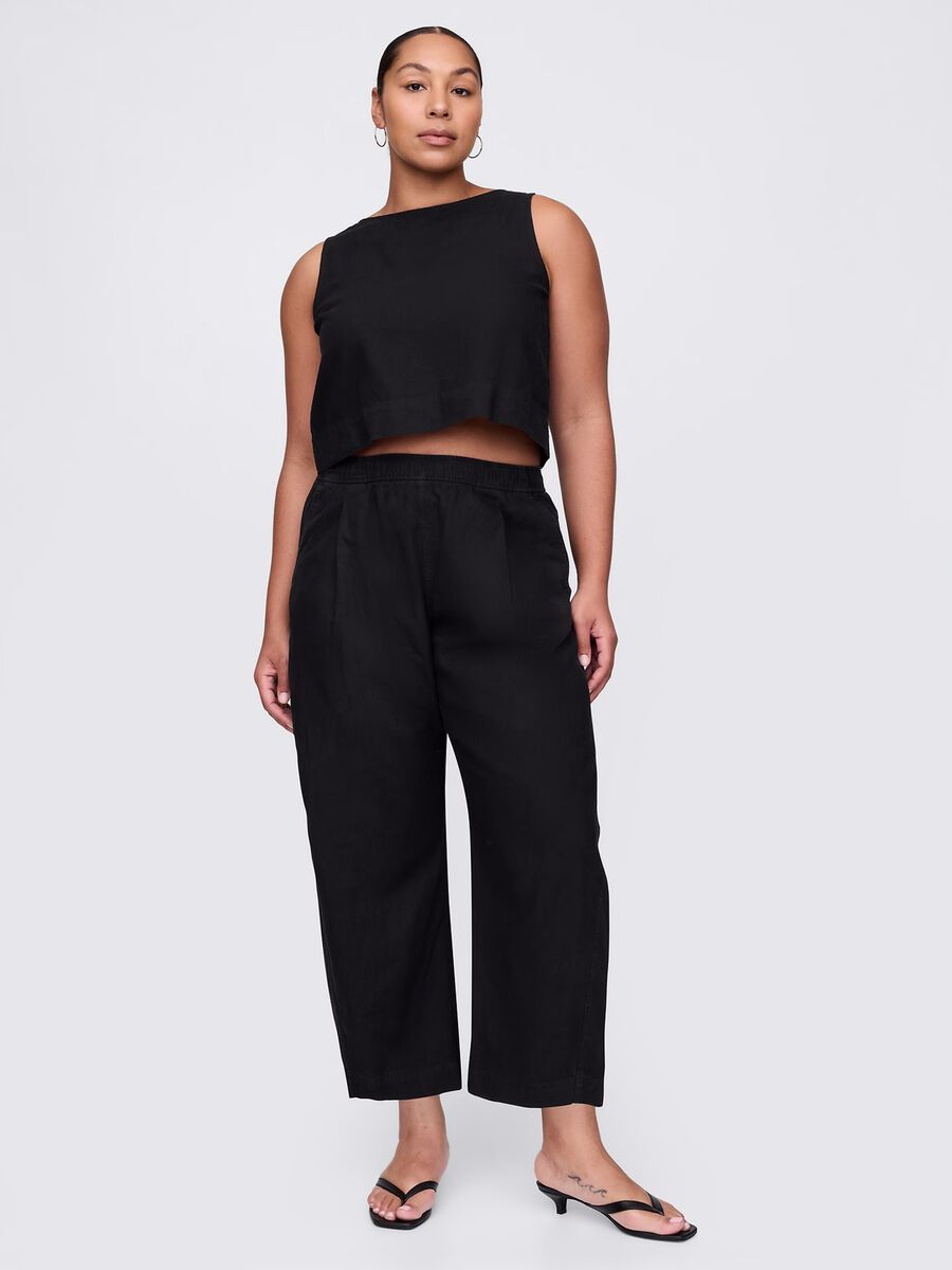 Pantaloni palazzo neri in lino e viscosa Donna_5