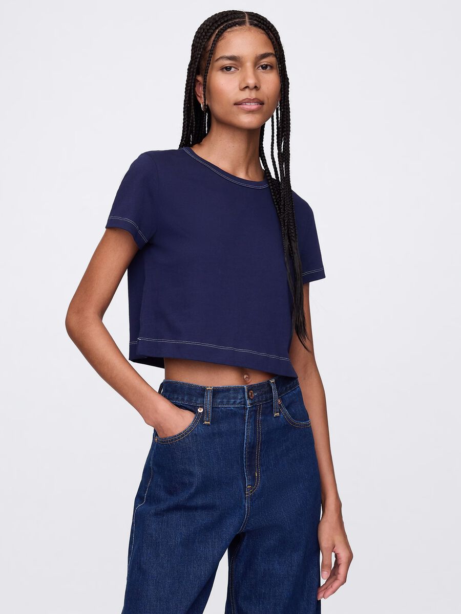 T-shirt cropped blu in cotone Donna_0