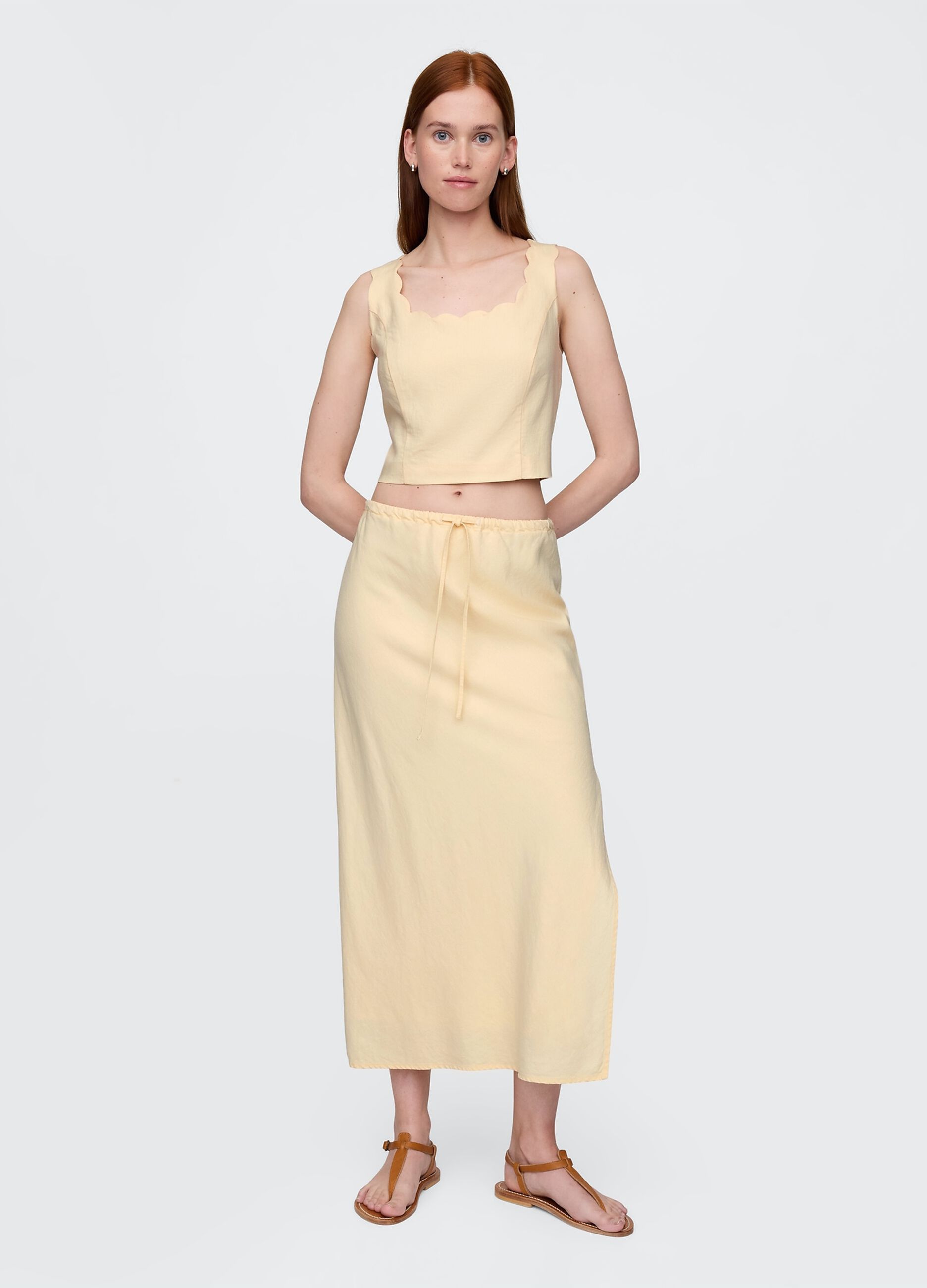 Gonna lunga beige in lino e viscosa
