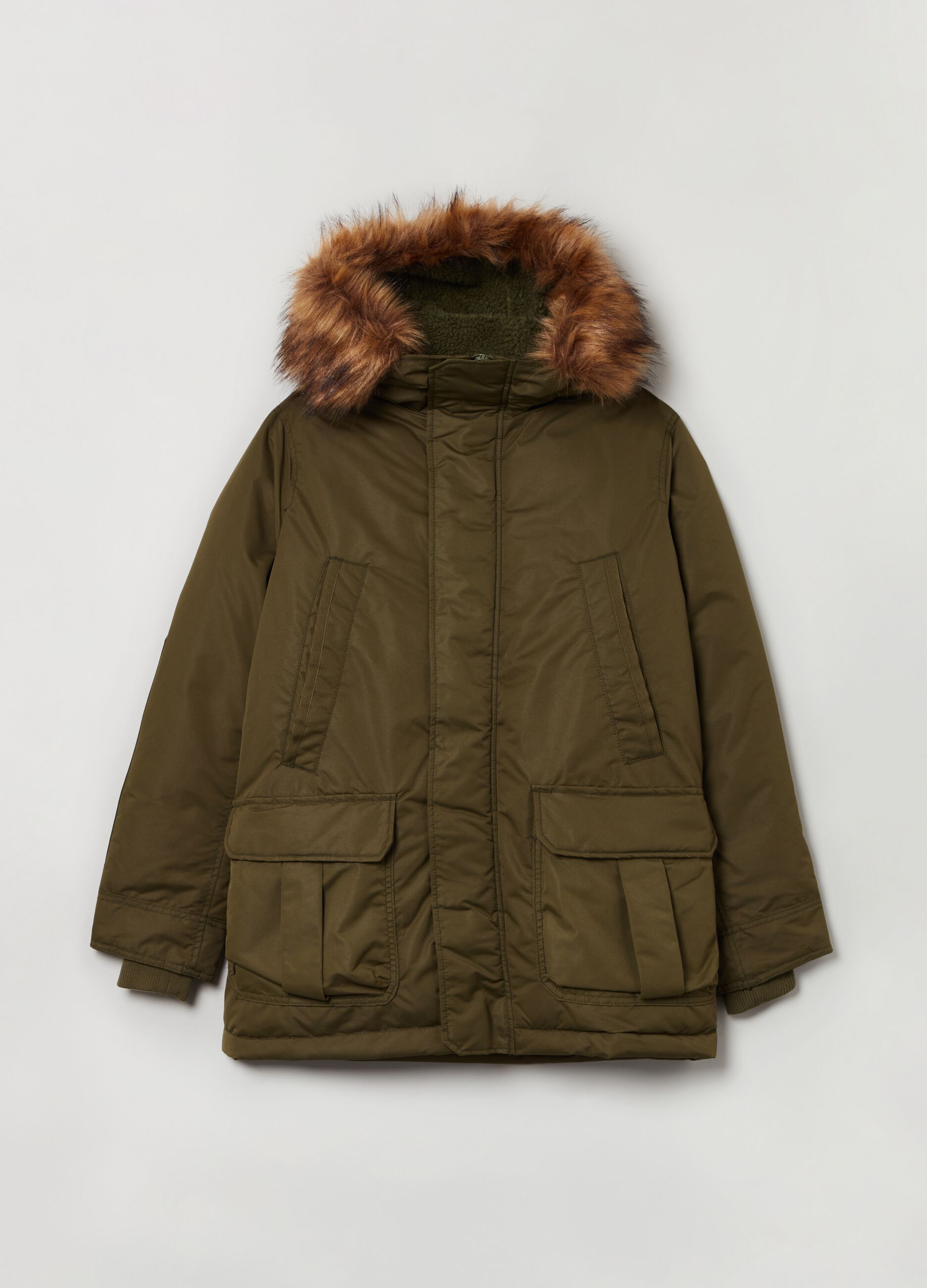 Parka with hood and sherpa lining.