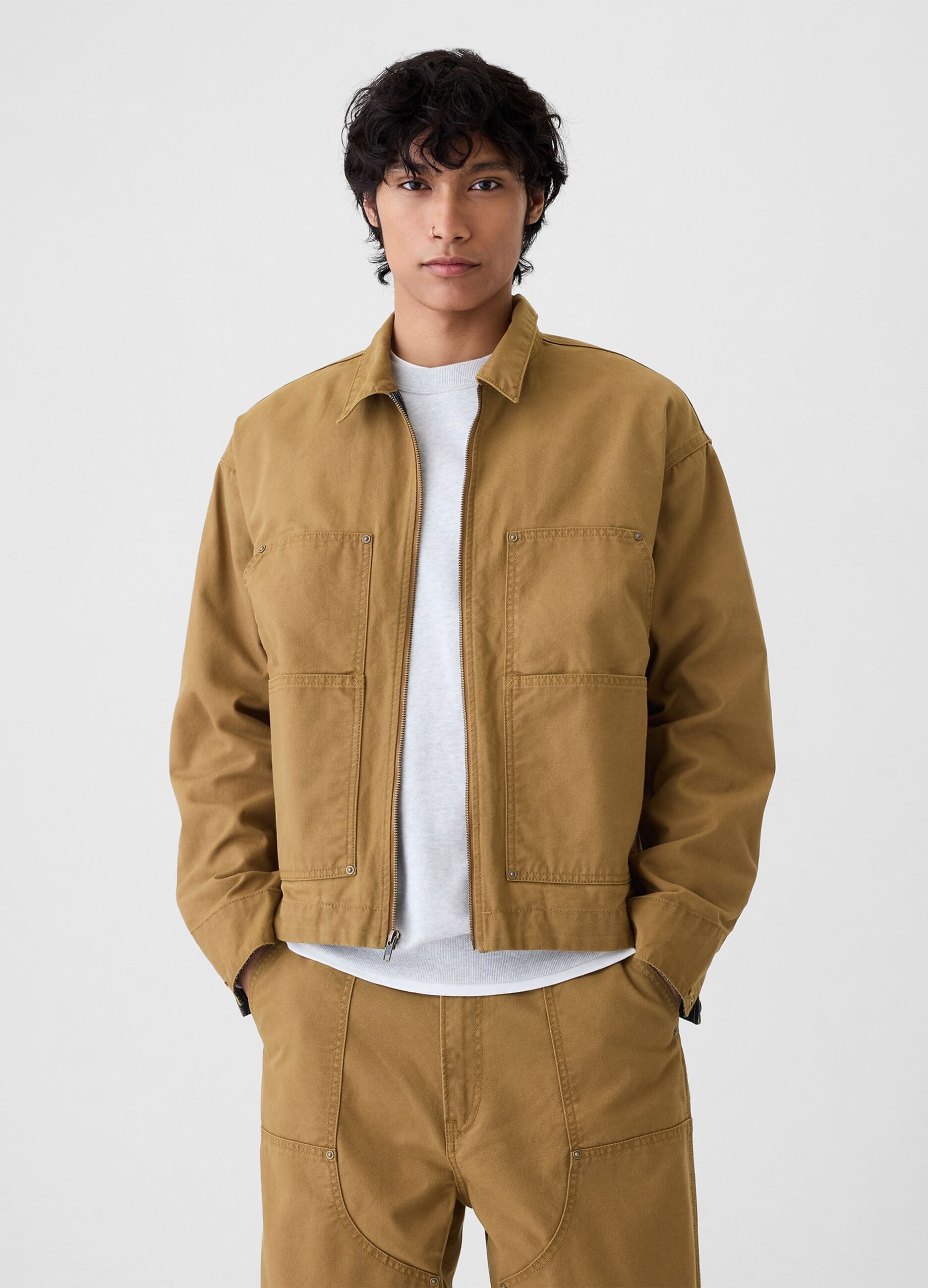 Full-zip carpenter shacket