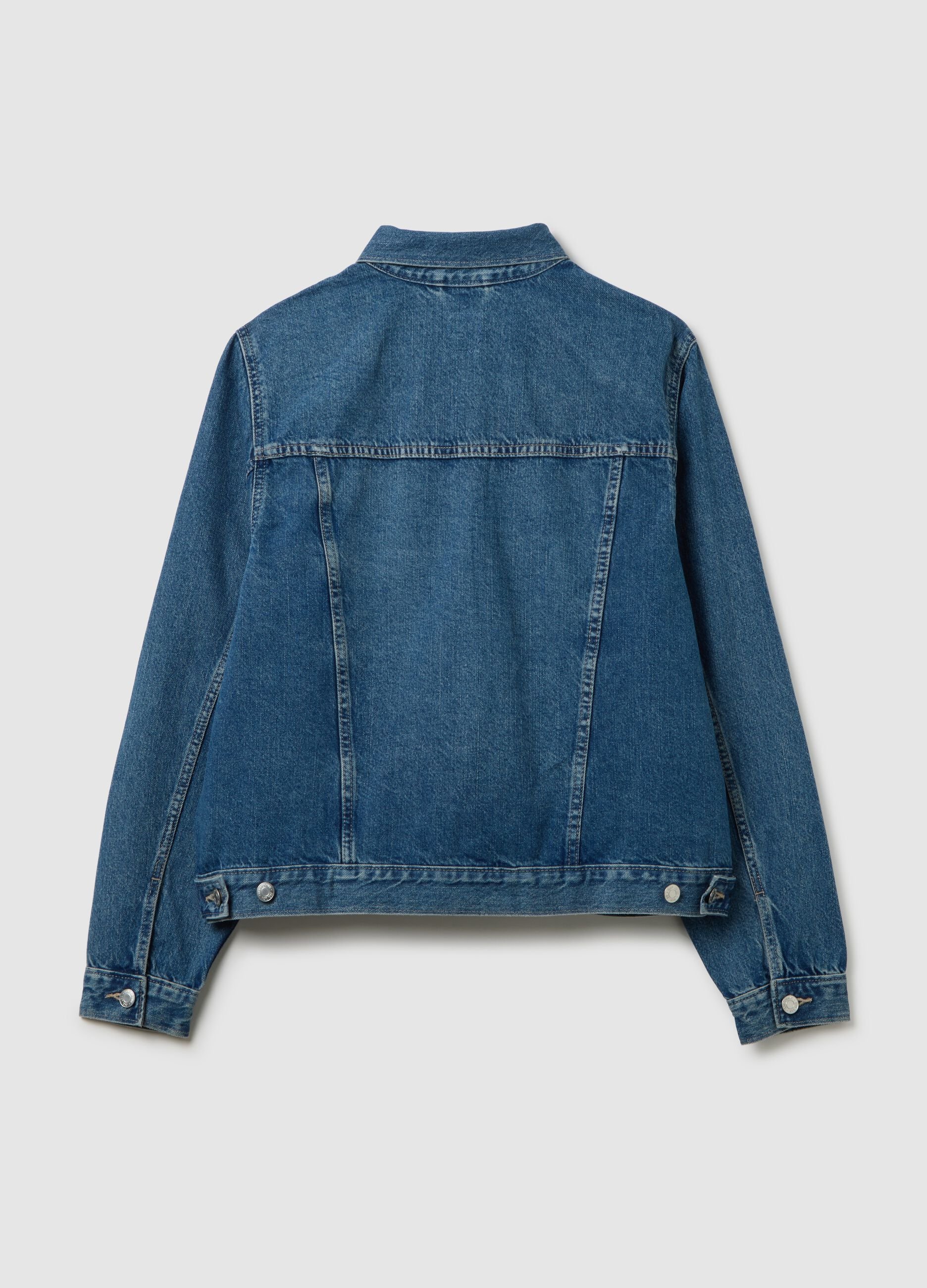 Giacca corta in denim acid wash_1