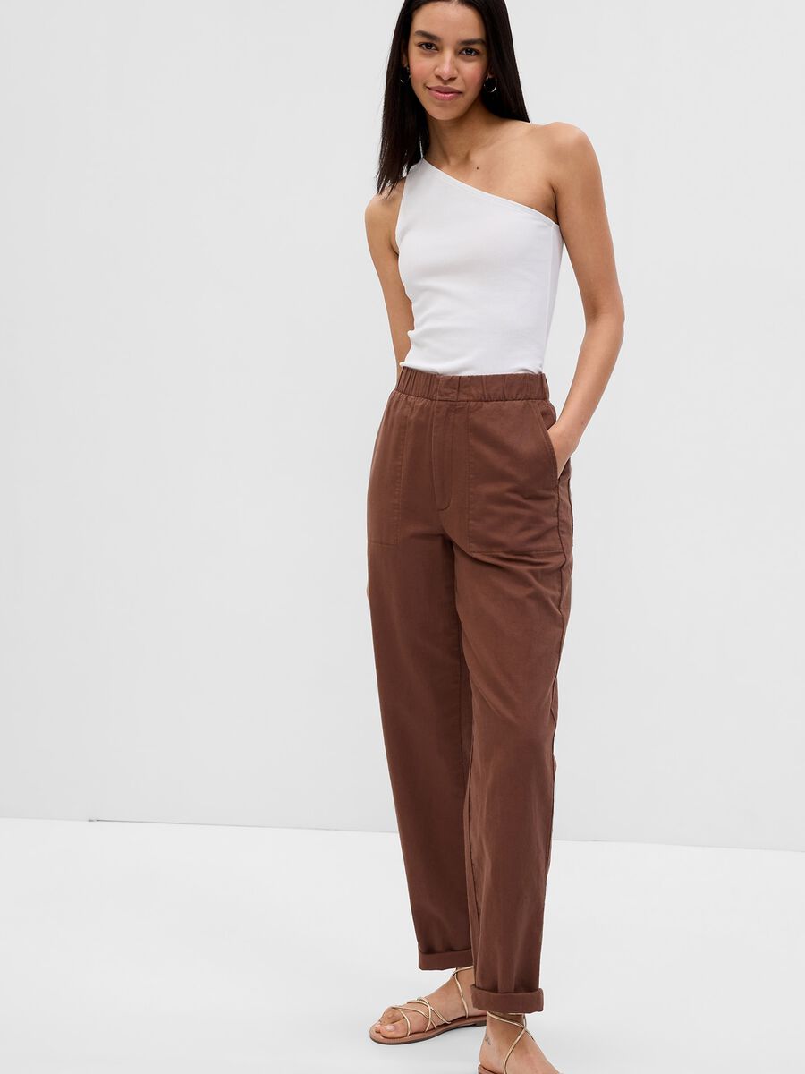 Pantaloni straight fit in lino e cotone Donna_0