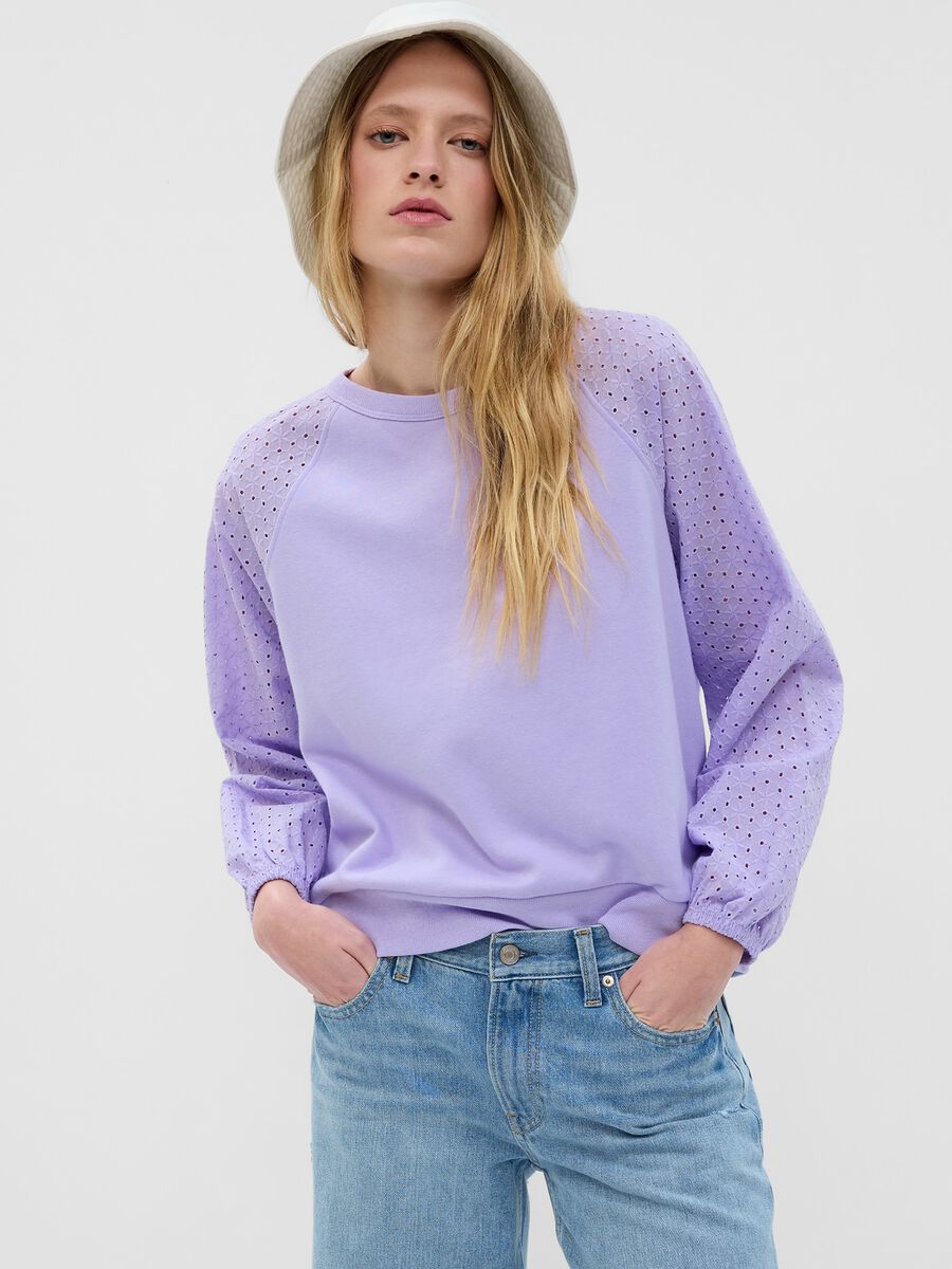 Sweatshirt with broderie anglaise lace sleeves Woman_0