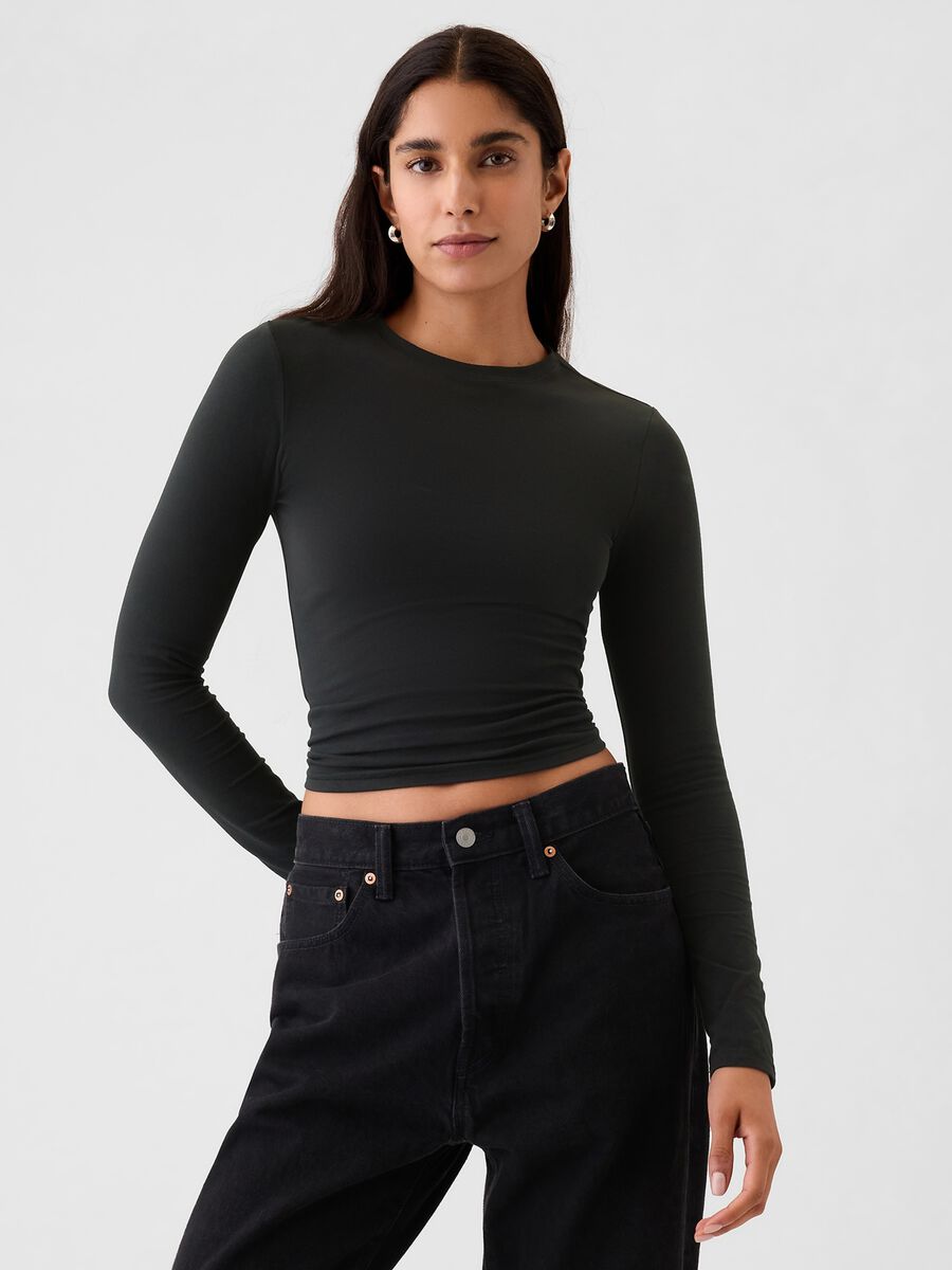 Maglietta nera a maniche lunghe elasticizzata Donna_0