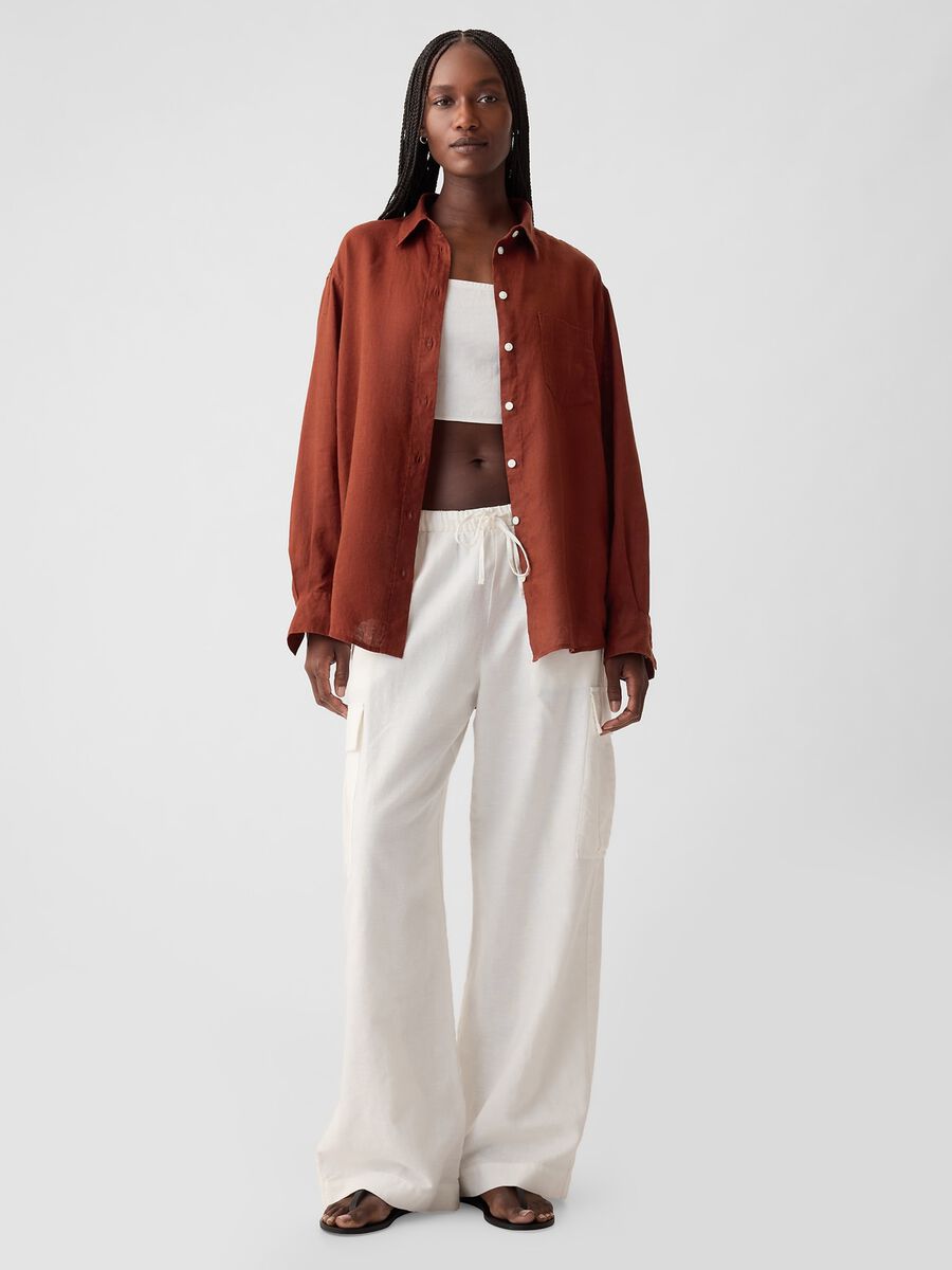 Camicia oversize in lino con tasca Donna_1