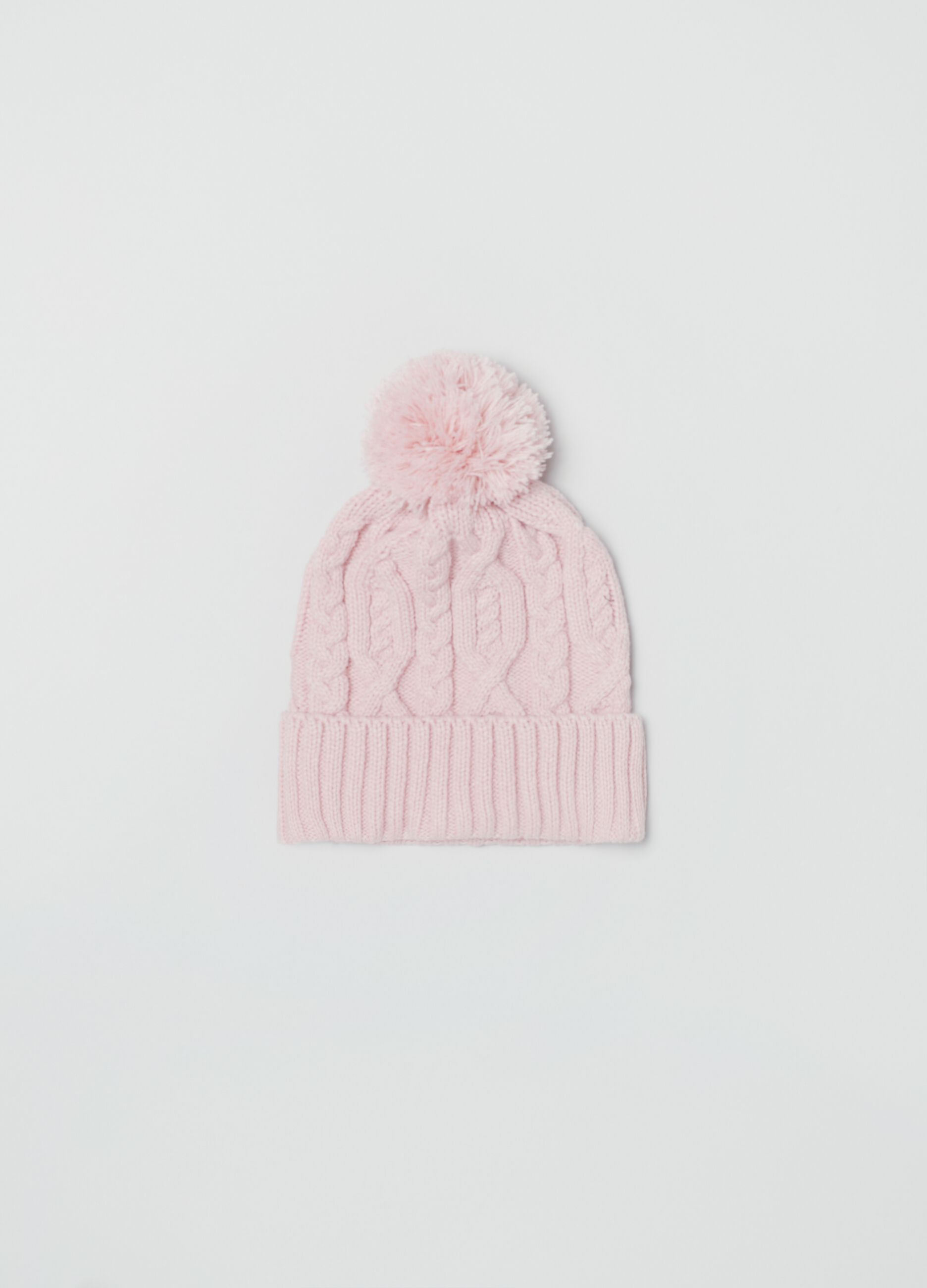 Cable knit cap with pom-pom