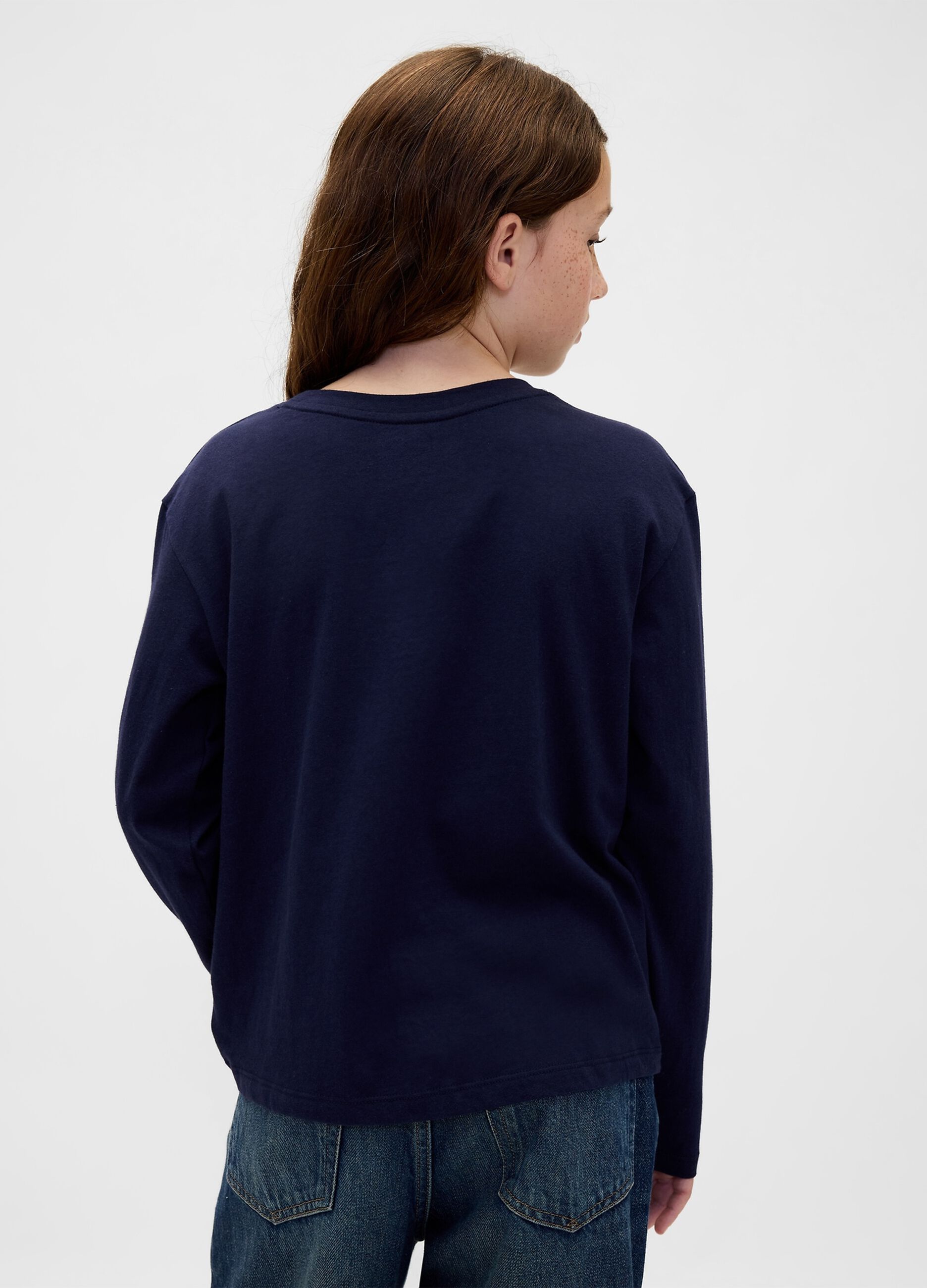 Long-sleeved blue cotton shirt with bows