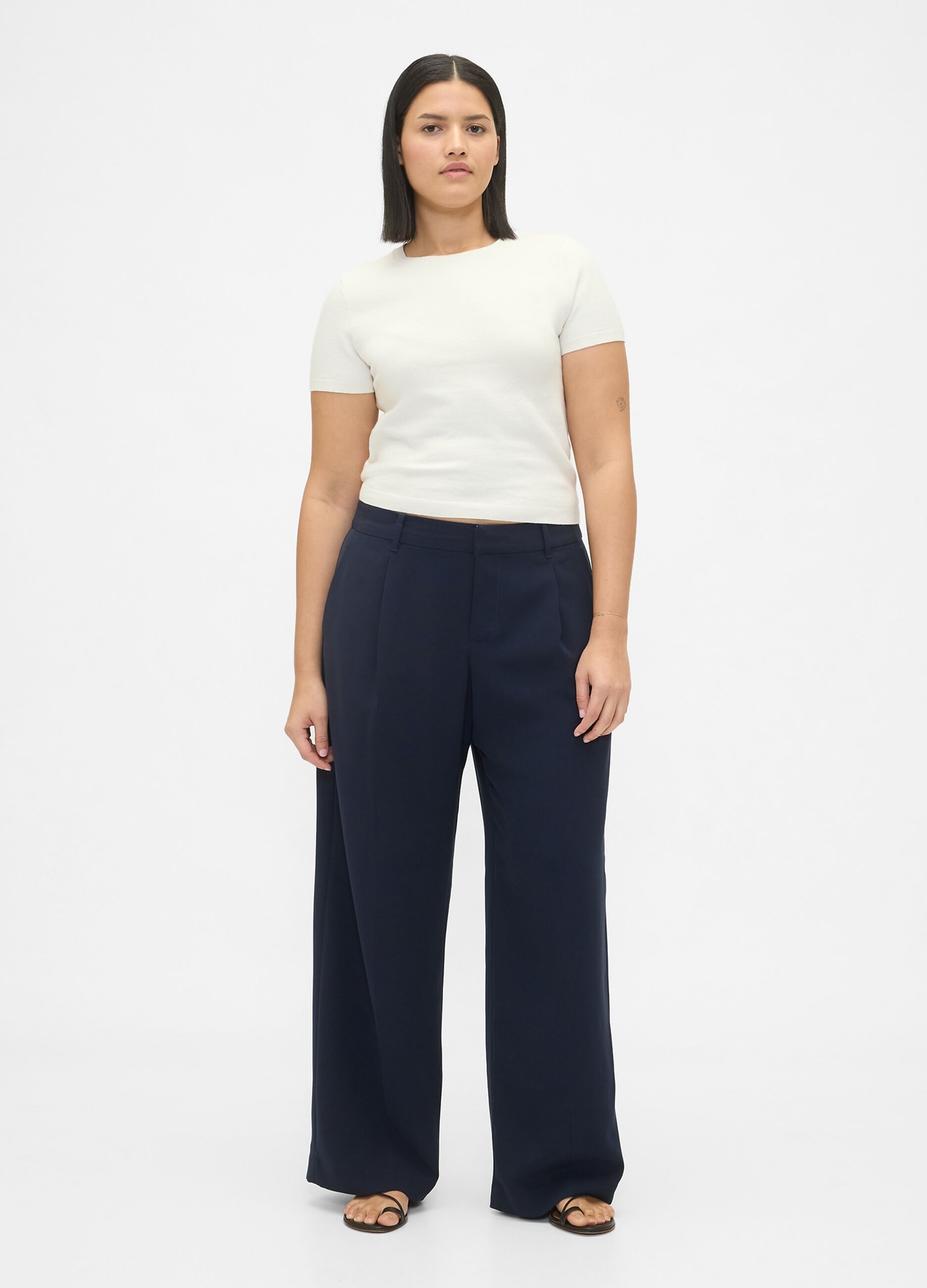 Pantaloni blu a gamba larga in tessuto elasticizzato_4