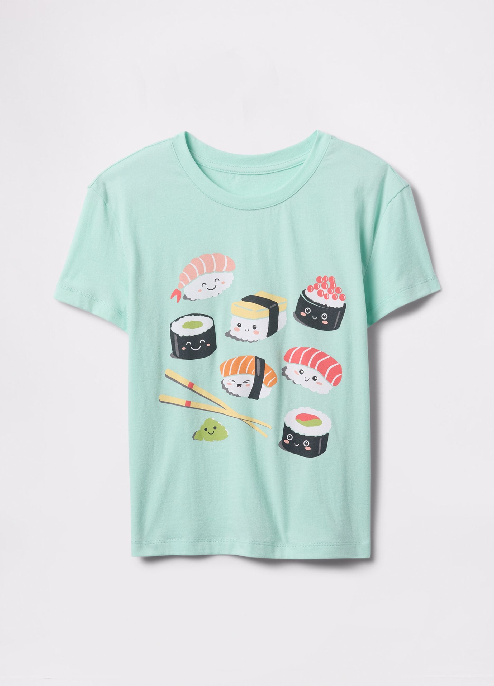 T-shirt verde in cotone con stampa sushi_2