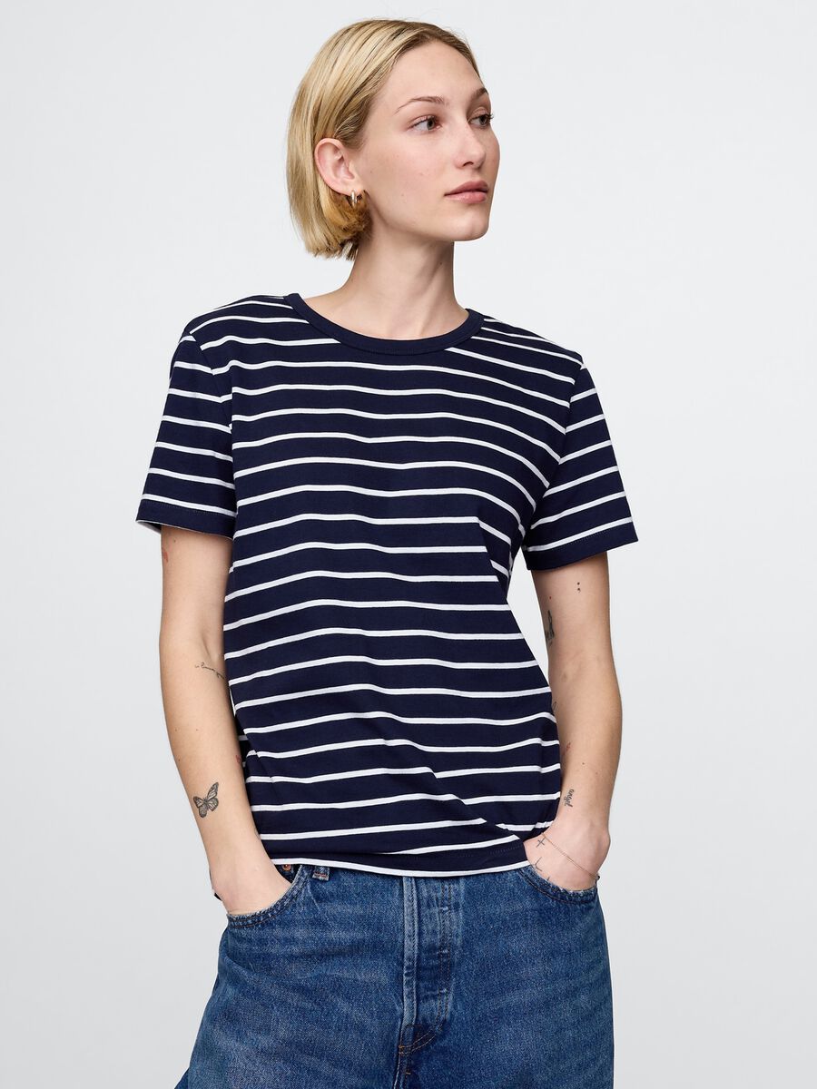 Maglietta a righe blu e bianco in puro cotone Donna_0