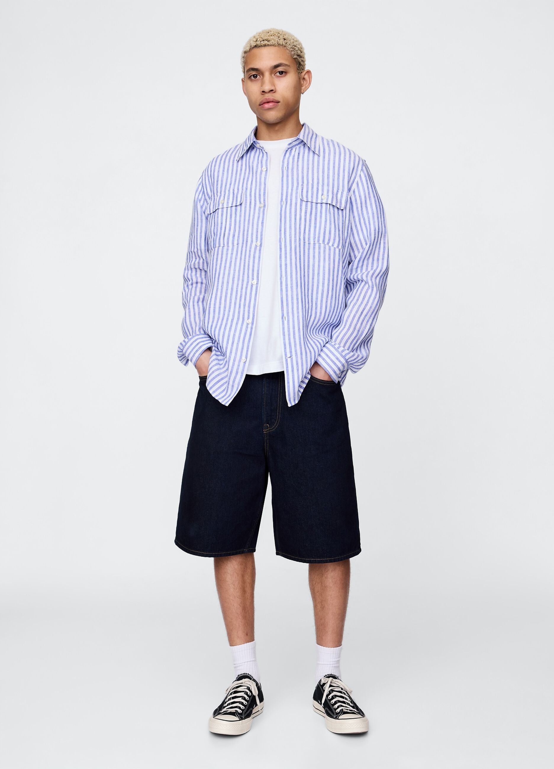 Camicia oversize a righe azzurre e bianche_1