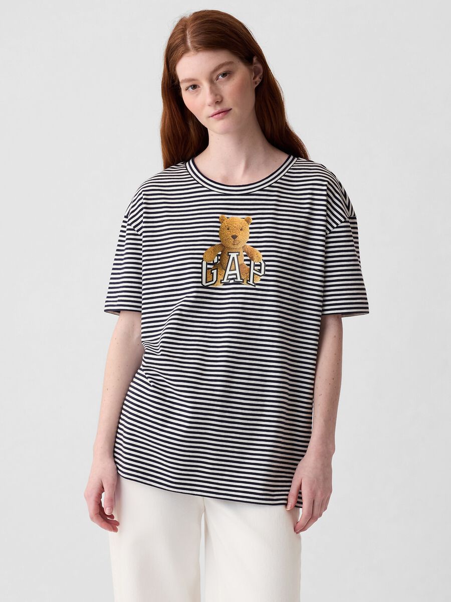T-shirt a righe stampa logo con orso Brennan Donna_0