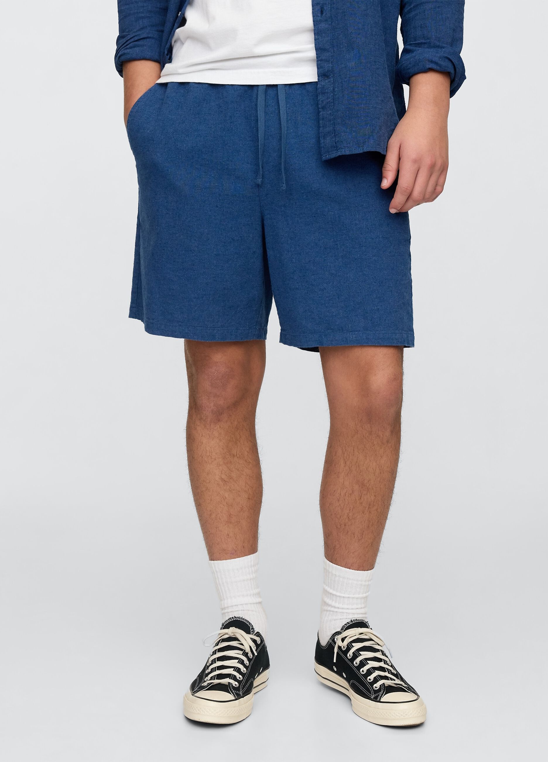 Pantaloncini blu in misto tessuto_2