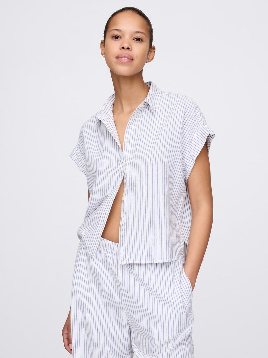 Camicia a righe bianche e azzurre in lino e viscosa Donna_0