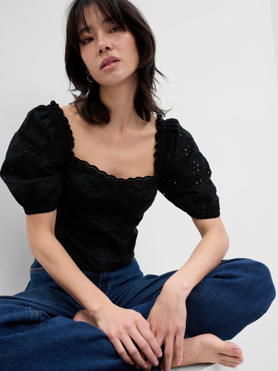 Broderie anglaise top with puff sleeves Woman_0