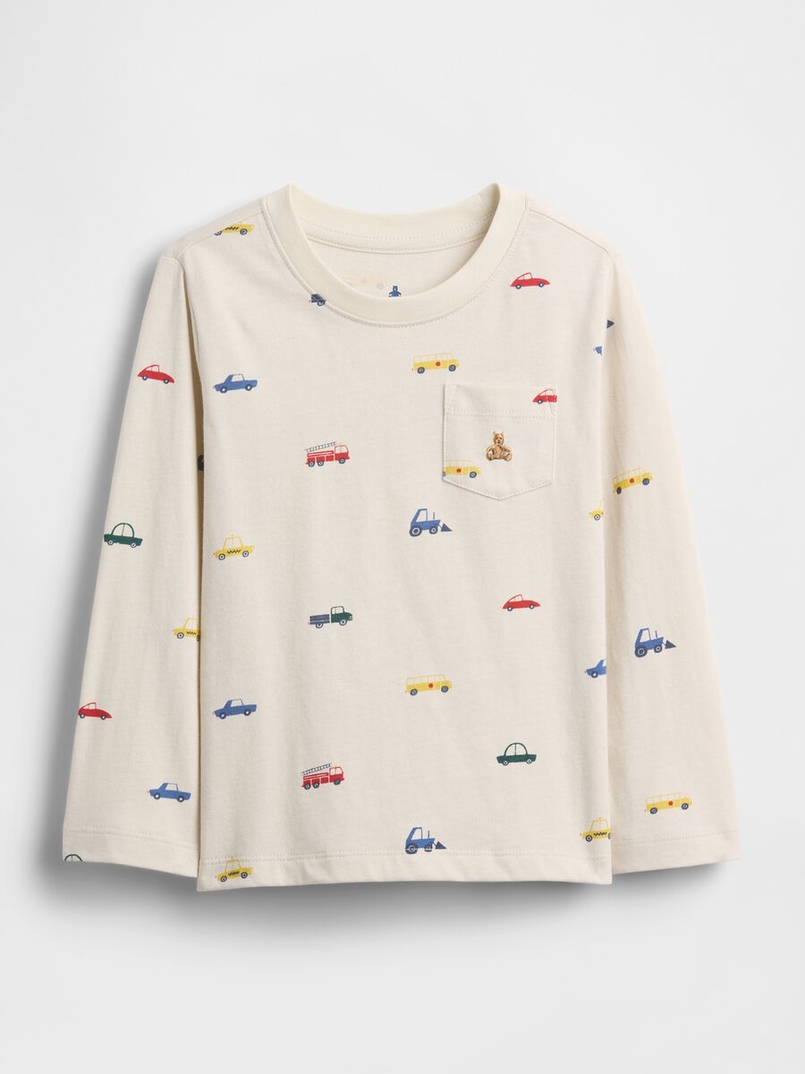 Maglietta beige a maniche lunghe con stampa auto Bambino_0