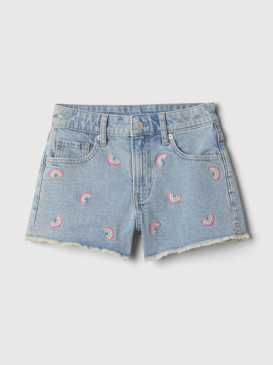 Shorts in denim con ricamo arcobaleno Bambina_3