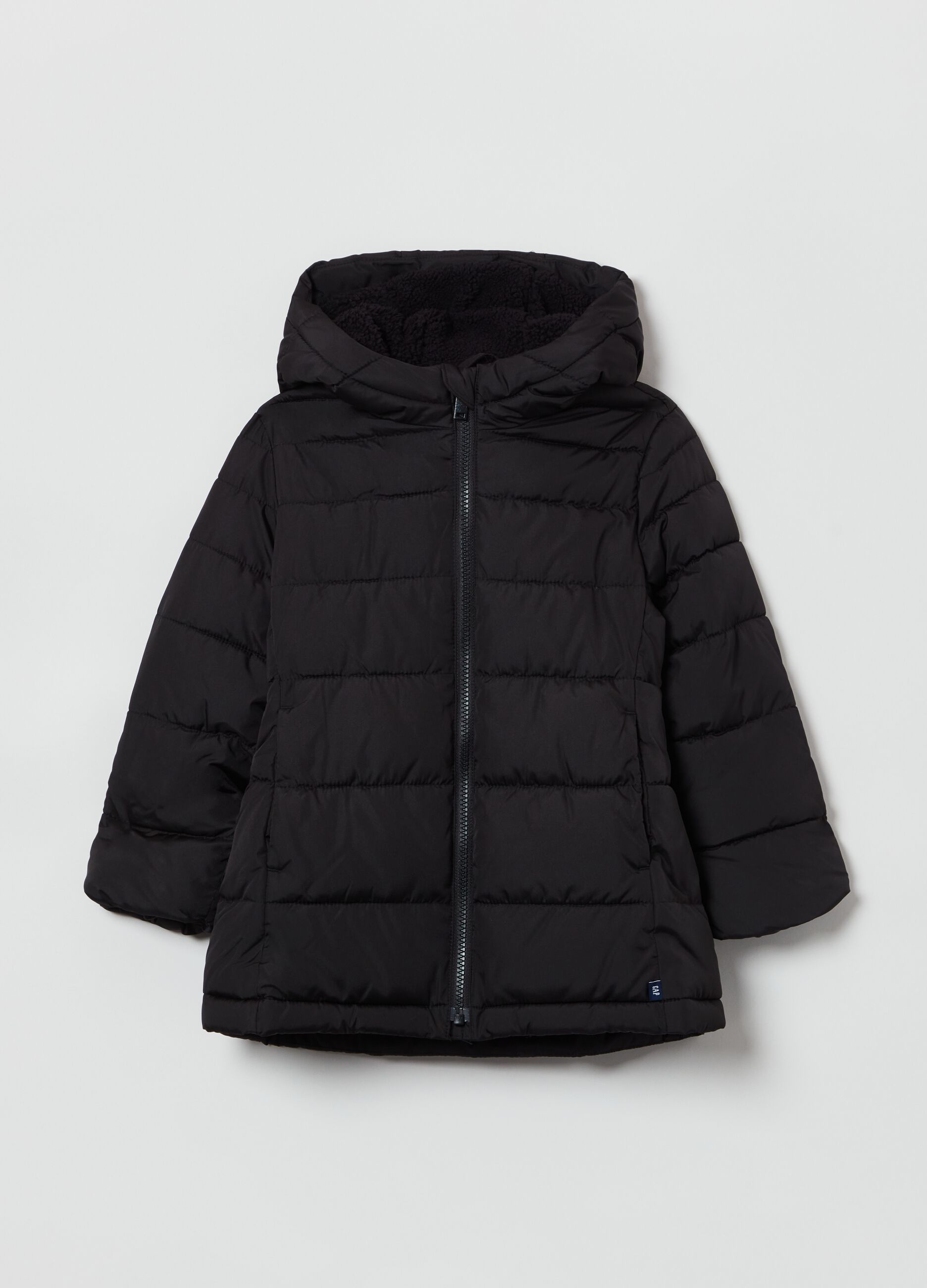 Full-zip long puffer jacket with hood