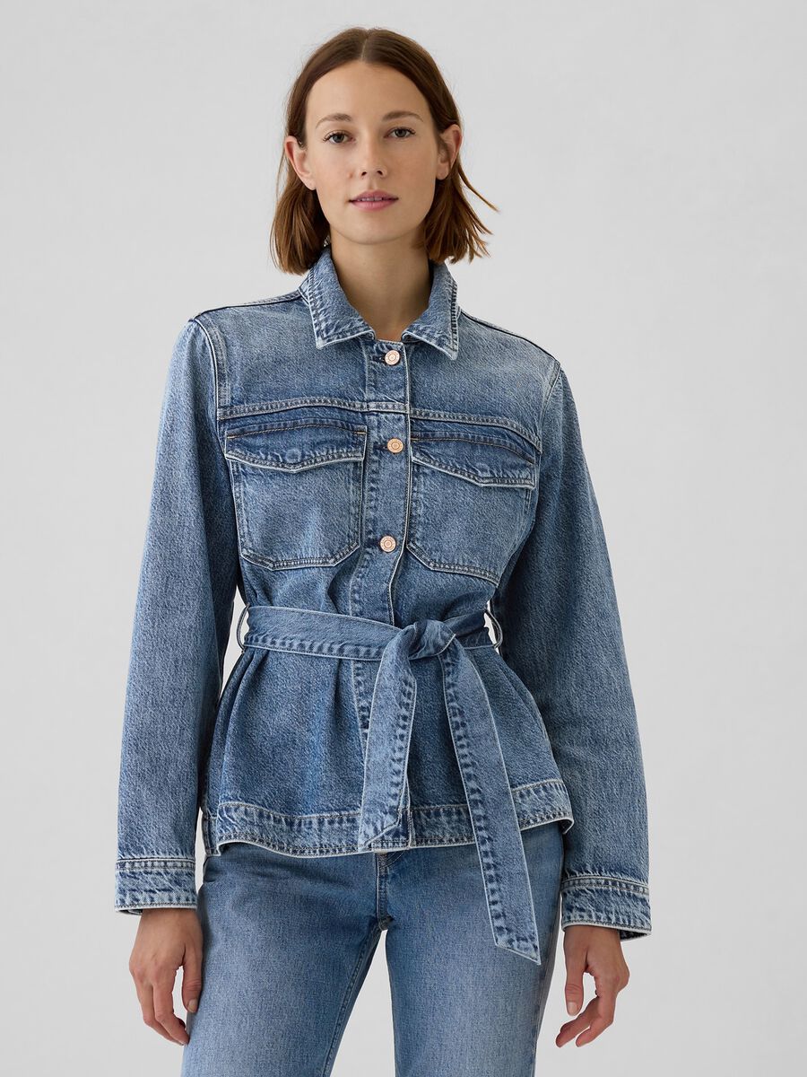 Giacca corta in denim con cintura Donna_0