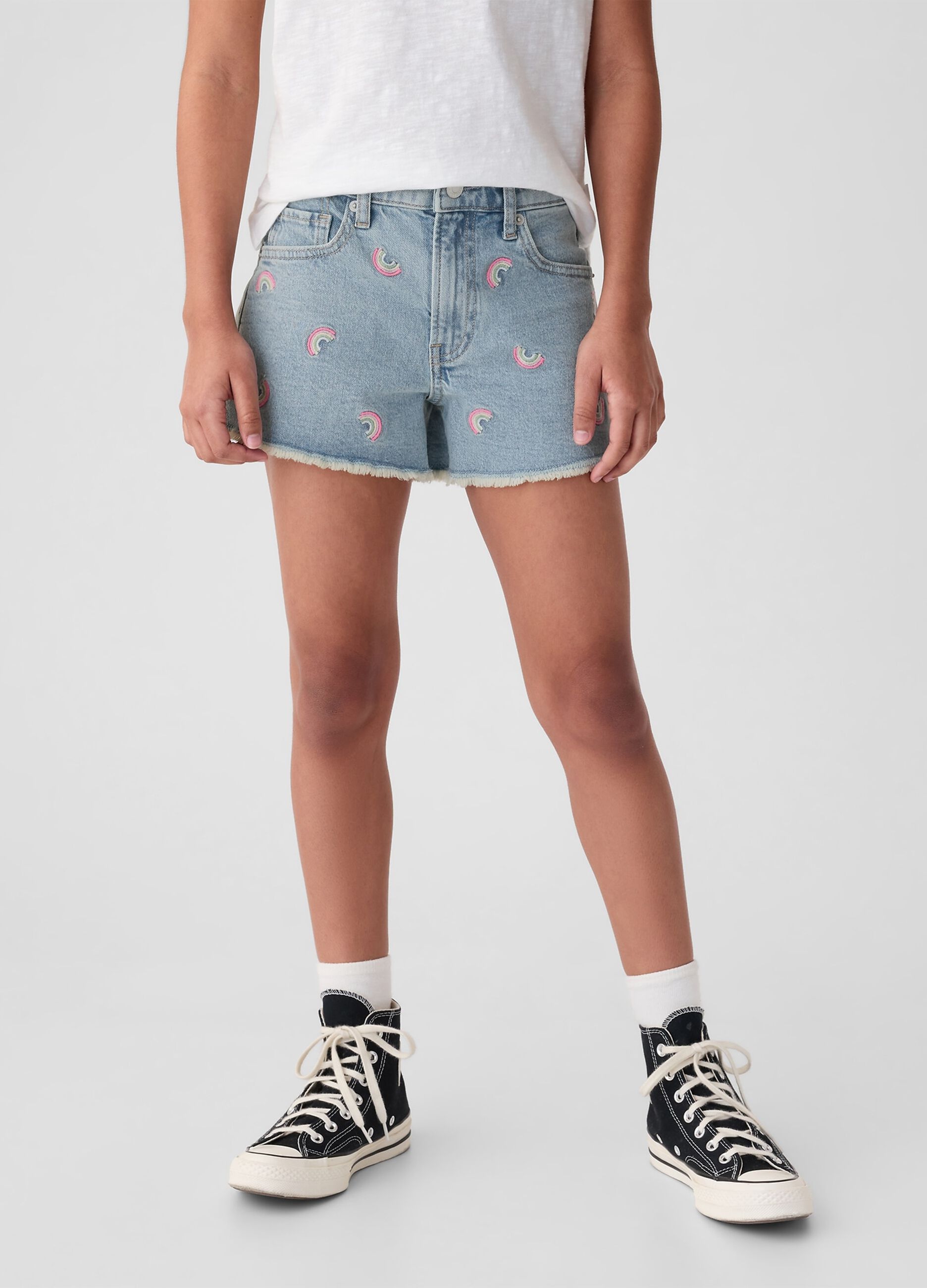 Shorts in denim con ricamo arcobaleno_1