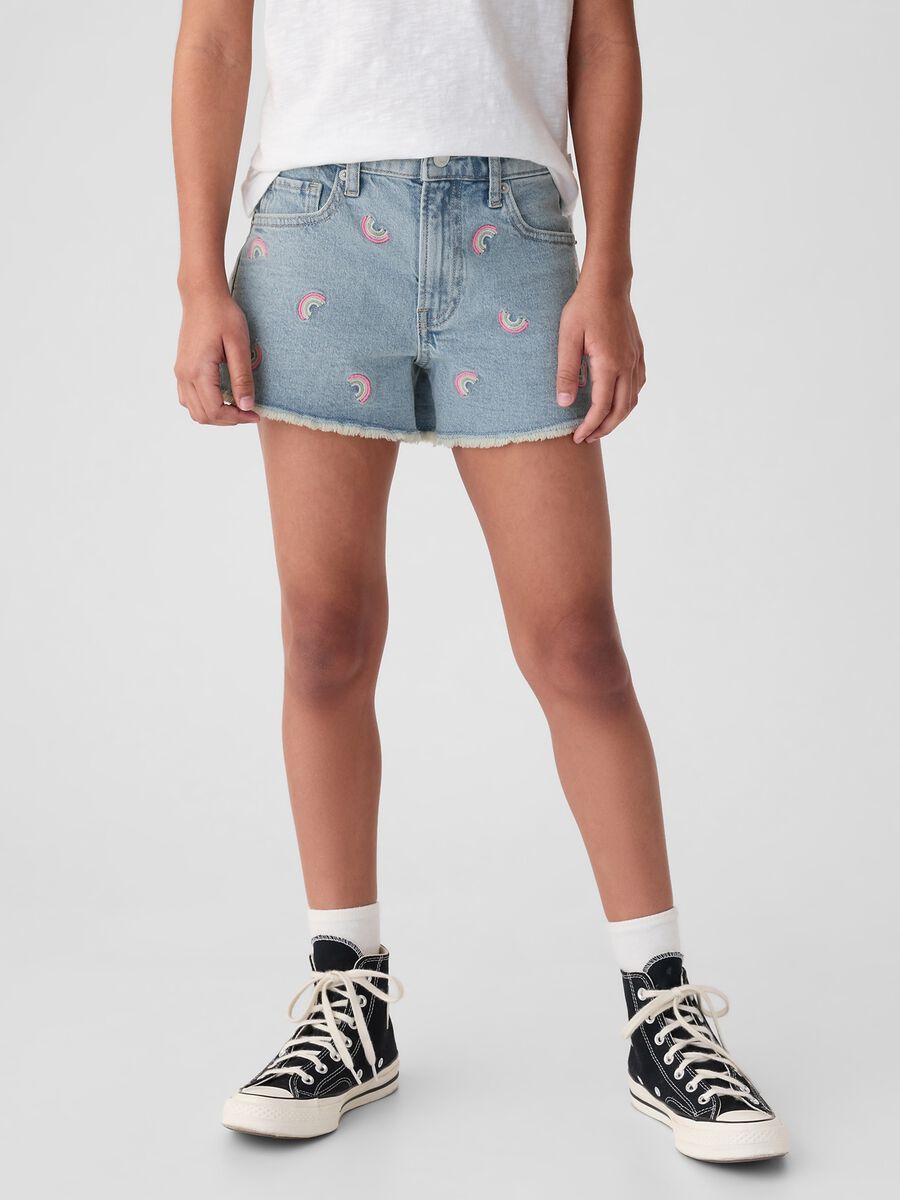 Shorts in denim con ricamo arcobaleno Bambina_1