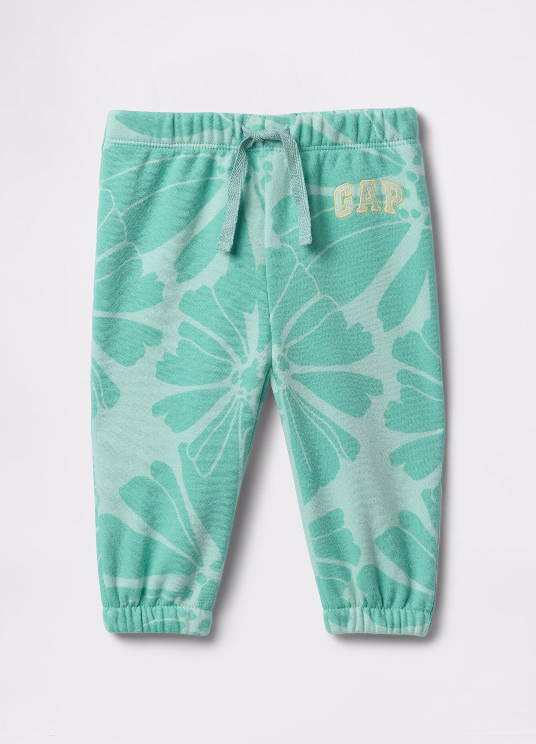 Joggers azzurri con coulisse stampa fiori e ricamo logo