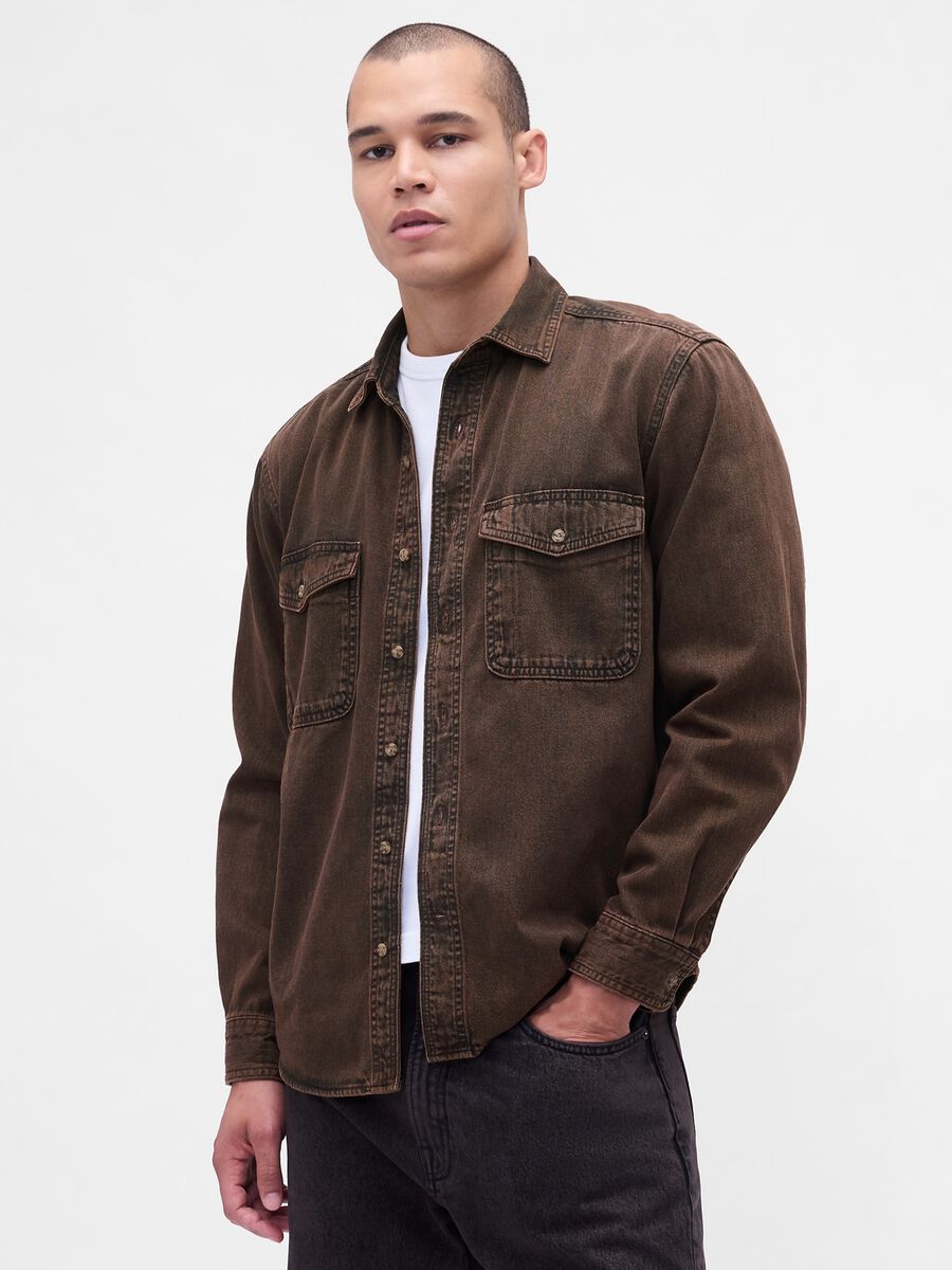 Brown long sleeve cotton shirt Man_0