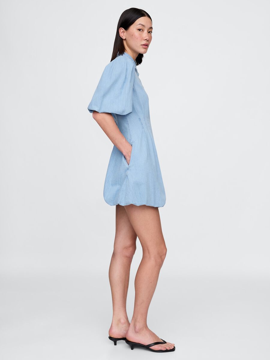 Blue cotton dress with puff sleeves Woman_2