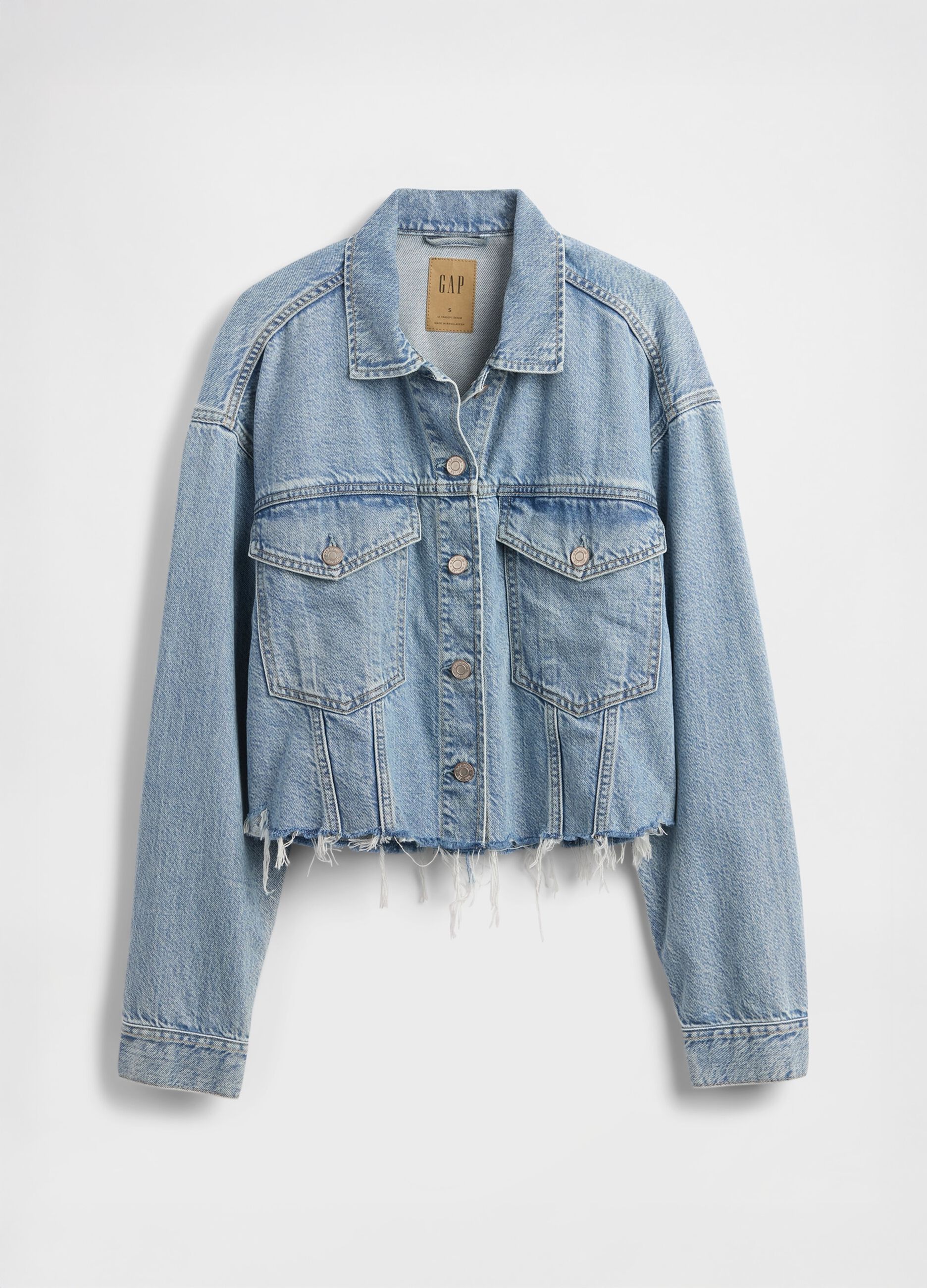 Giacca cropped in denim con bordi sfrangiati_4