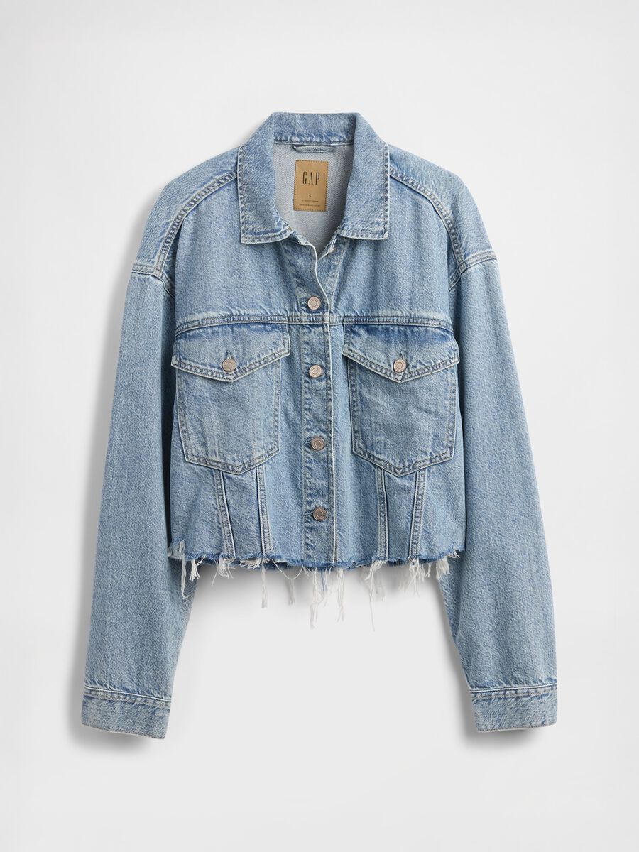 Giacca cropped in denim con bordi sfrangiati Donna_4