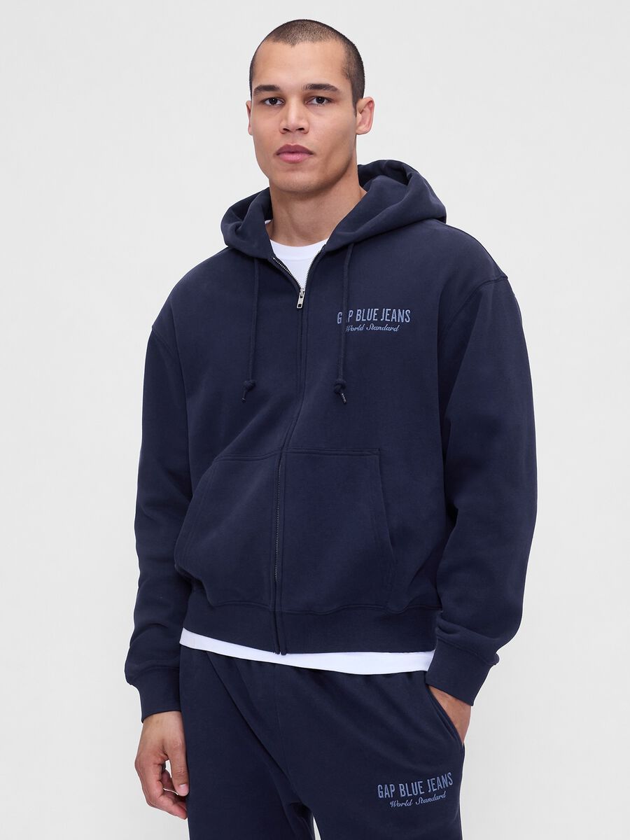Felpa blu con cappuccio e zip Uomo_0