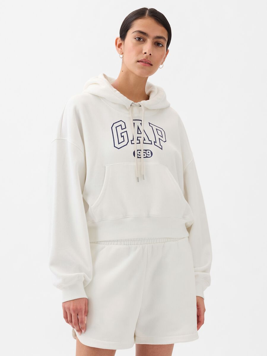 Felpa crop con cappuccio stampa logo Donna_0