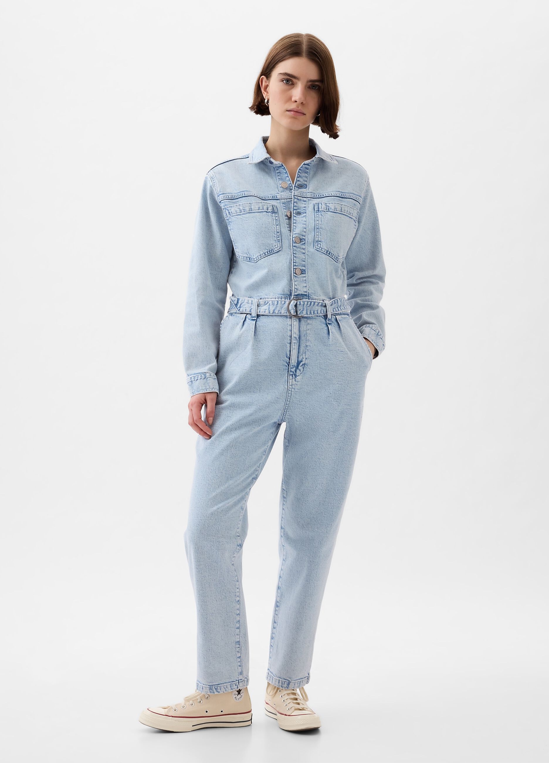 Tuta intera in denim con cintura