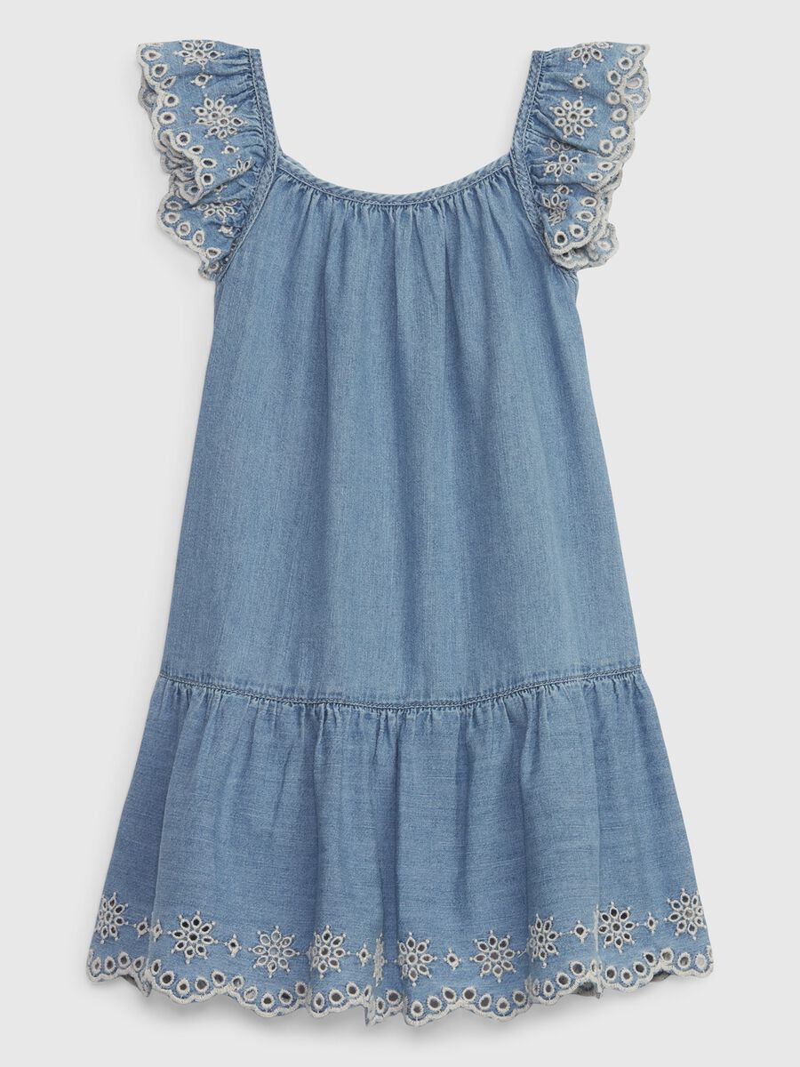 Long dress in denim with broderie anglaise Toddler Girl_1