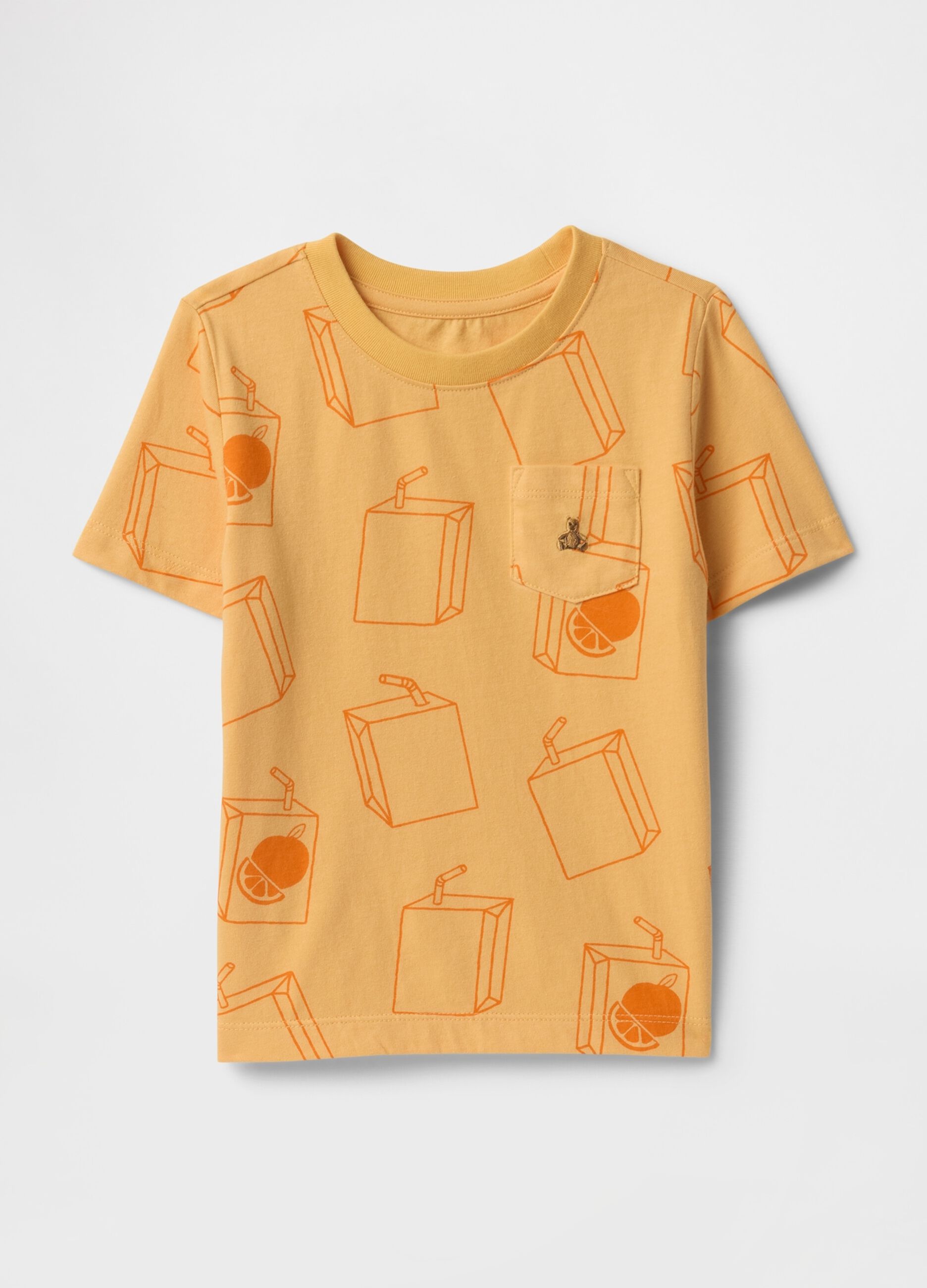 T-shirt gialla con stampa succo d'arancia