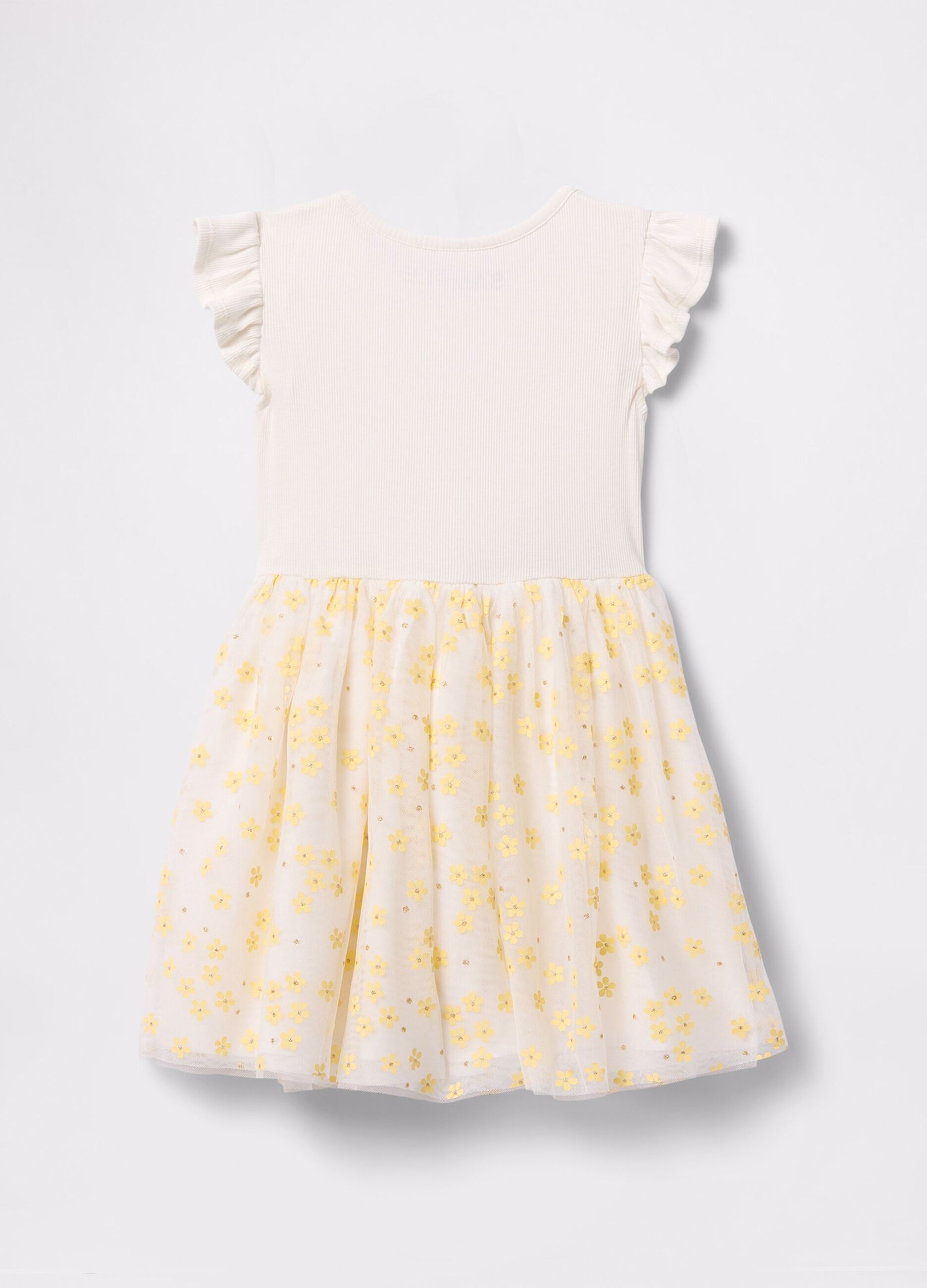 Abito bianco con gonna in tulle floreale_2