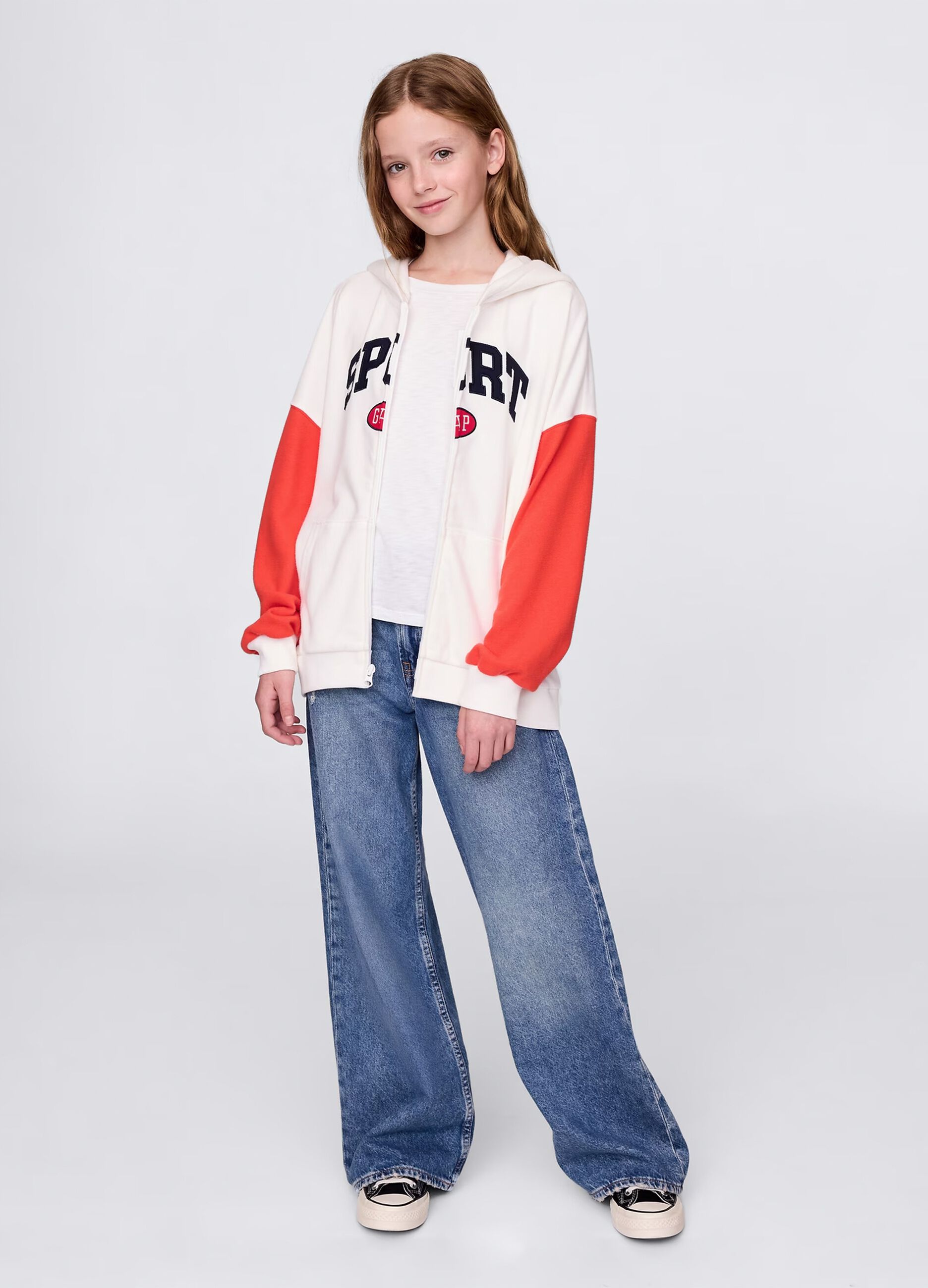Full-zip bianca e rossa con cappuccio e ricamo logo_1
