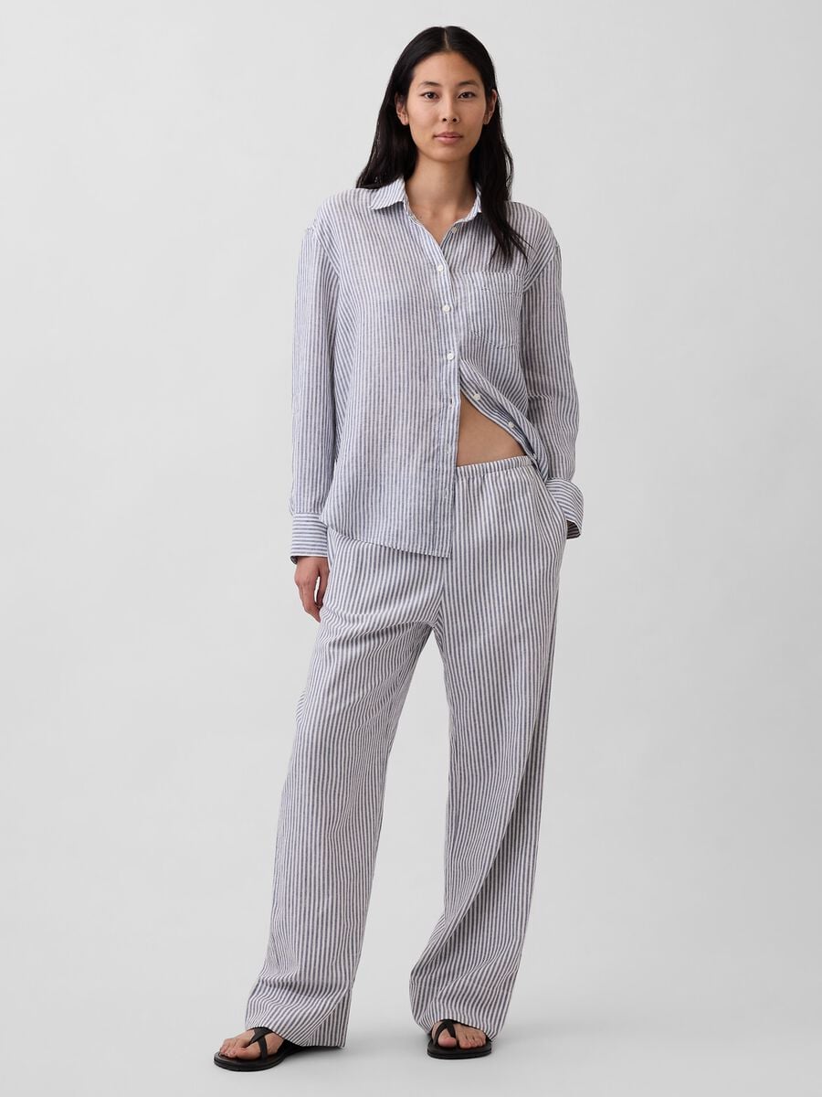 Pantaloni in misto lino a righe Donna_0