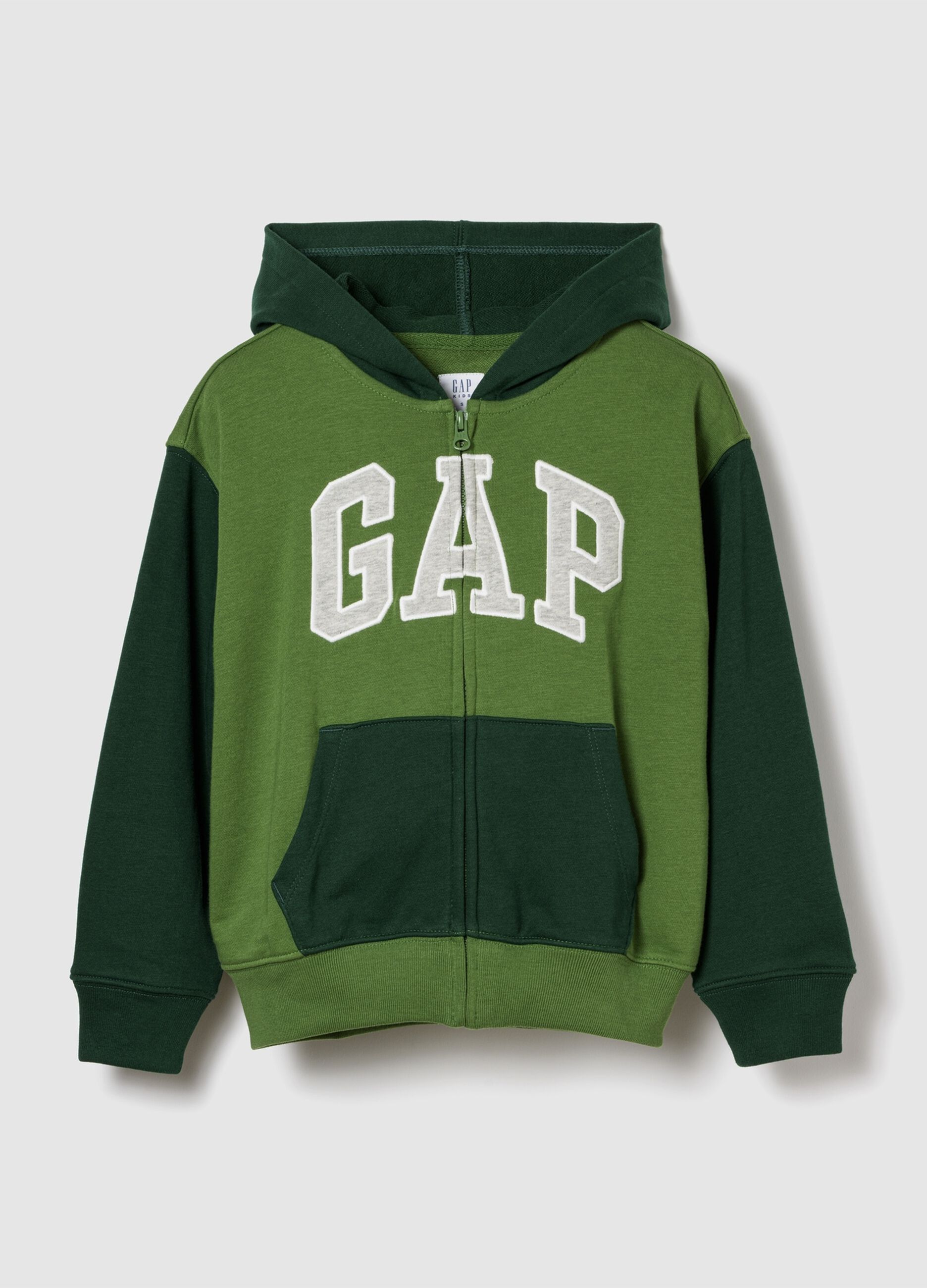 Felpa verde con cappuccio e zip completa