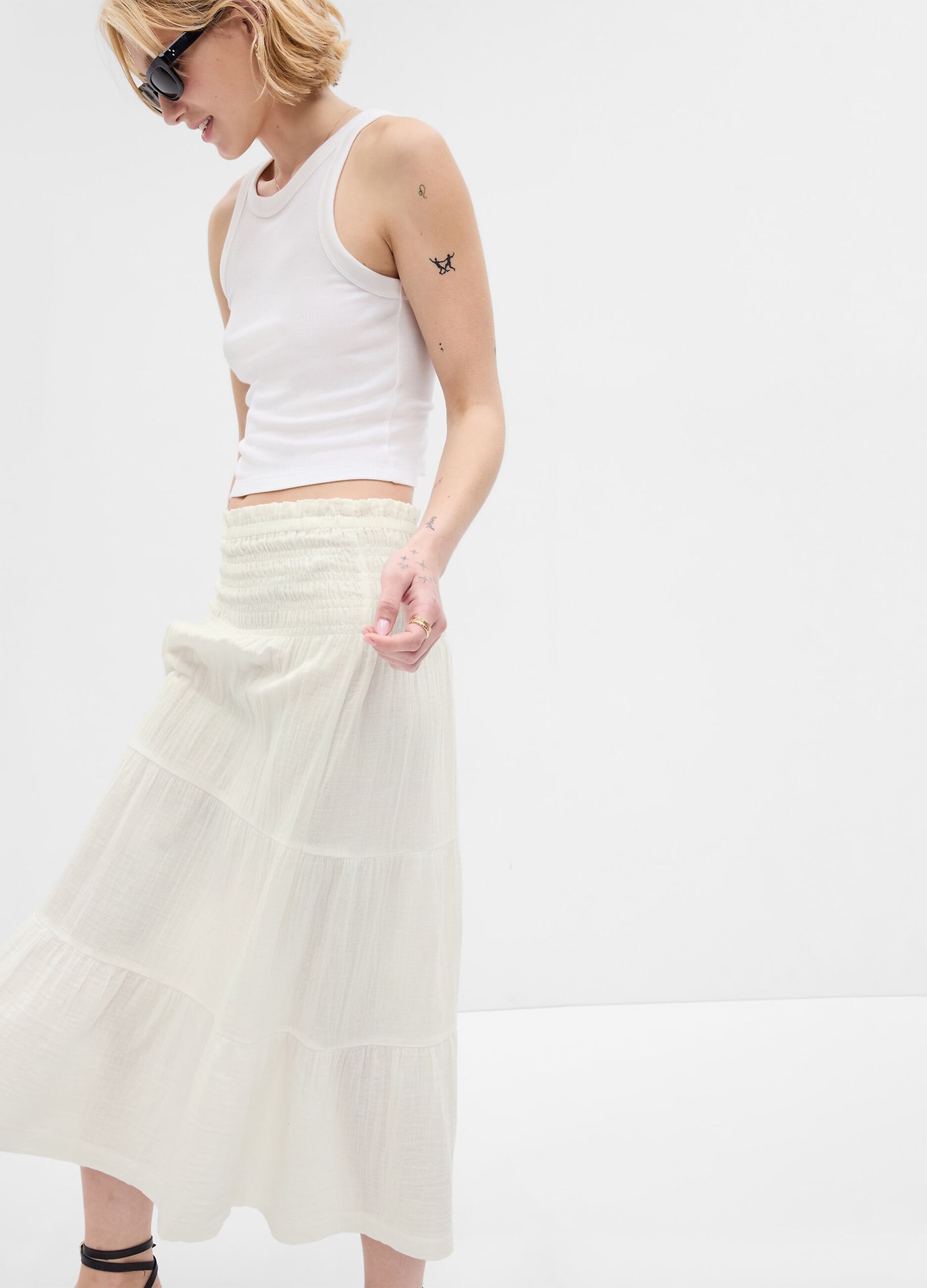 Tiered midi skirt in cotton gauze with flounces_2