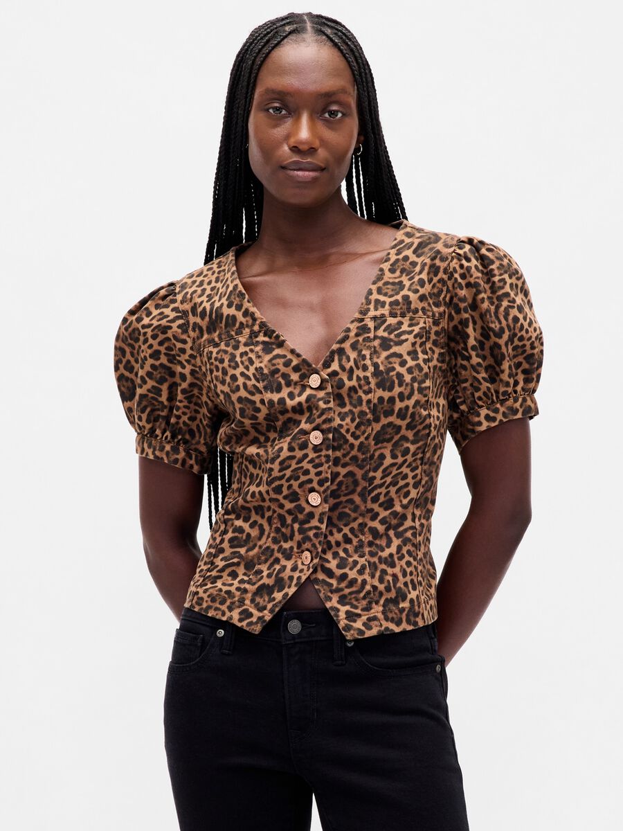 Camicia marrone con stampa leopardata a maniche corte Donna_1